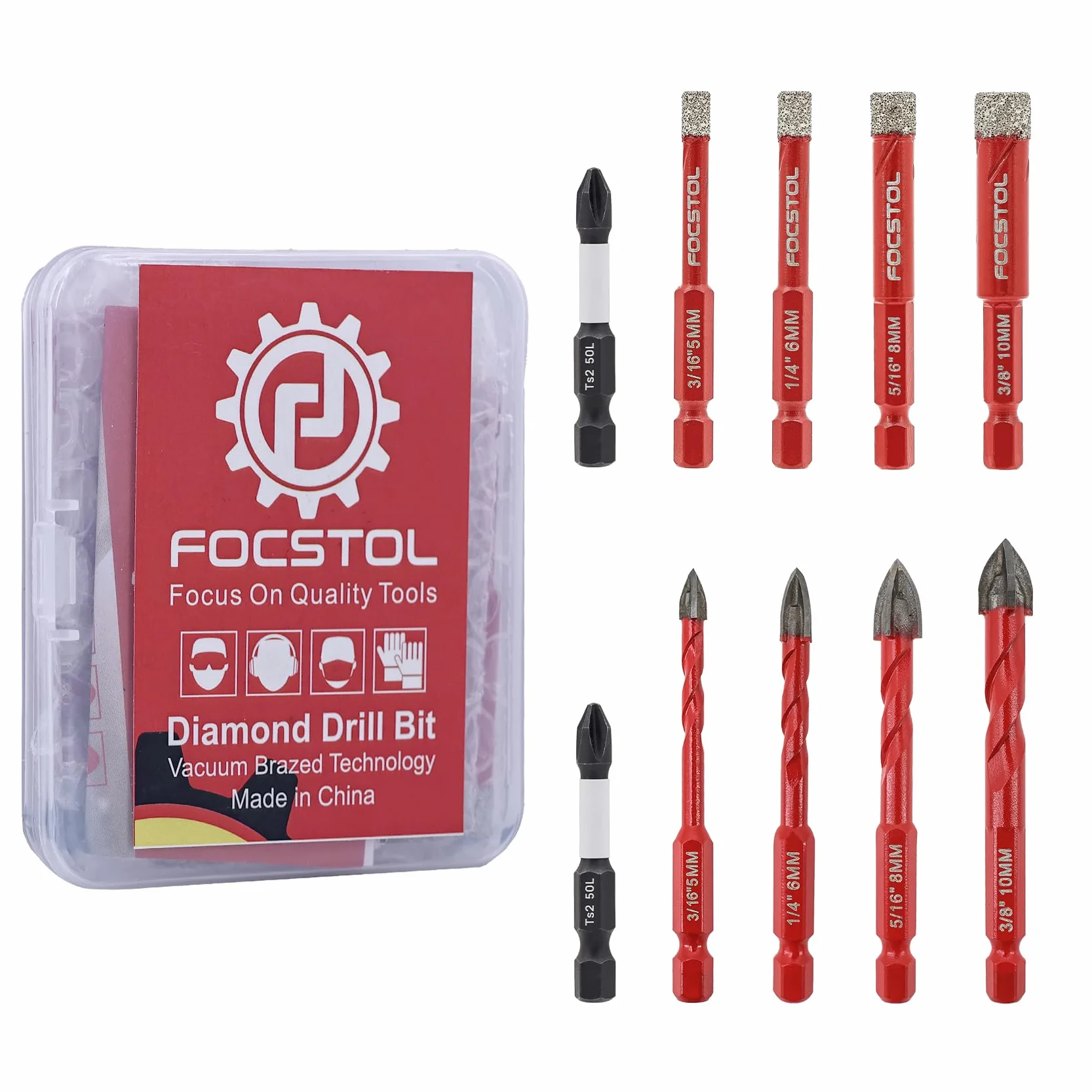 FOCSTOL Juego de Brocas Diamantada 10 piezas, Brocas para Taladrar Agujeros en Azulejos Porcelánico Cerámica Mármol Granito Vidrio, con Mango Hexagonal Cambio Rápido, 5/6/8/10mm