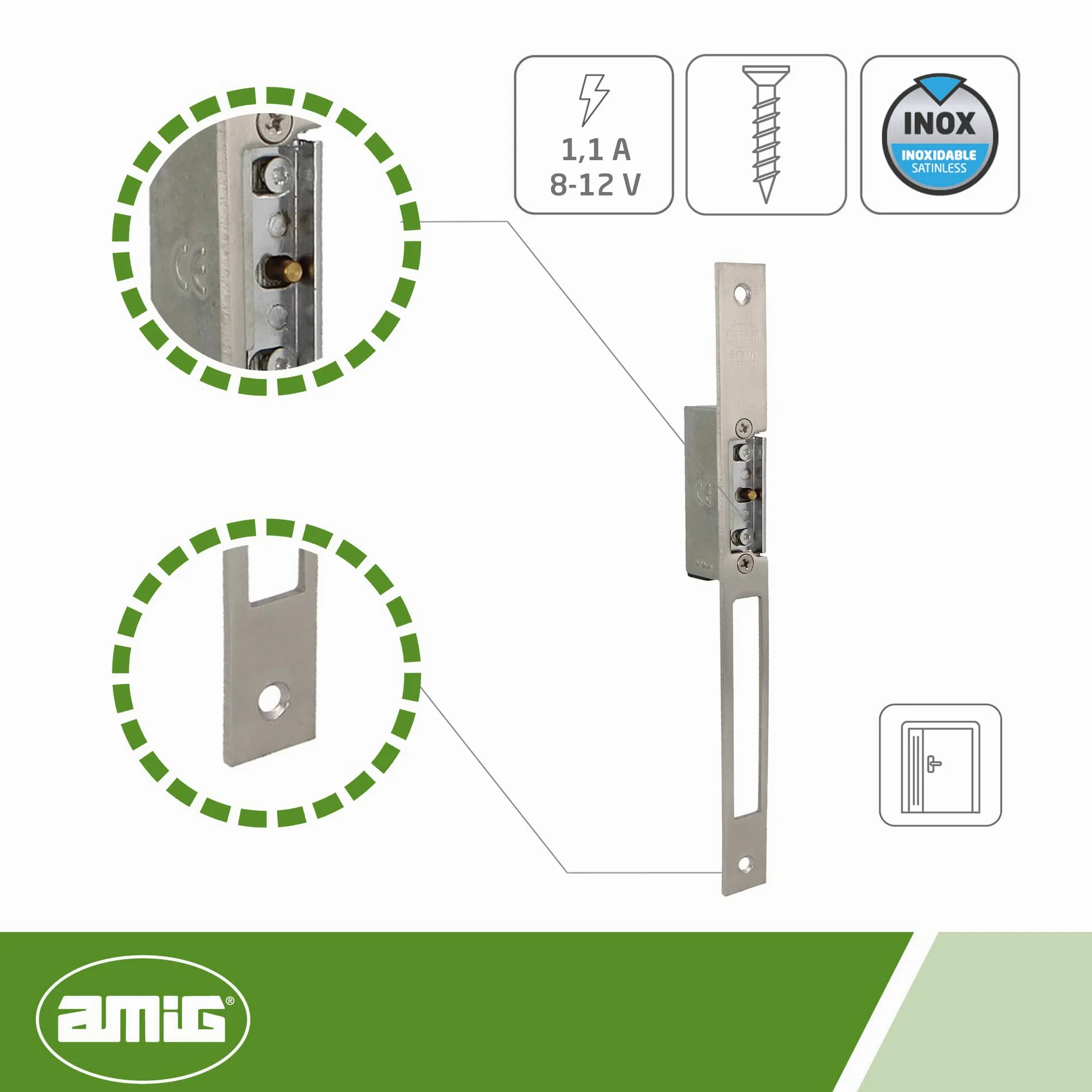 Amig - Abrepuertas Eléctrico de Embutir para Puertas,Plateado, Mod, 50, 250 x 22 x 3 mm, Amperaje: 1,1 A, Incluye Bobina de 8-12 V de Corriente Alterna, Cerradero para Portales, Tiendas u Oficinas