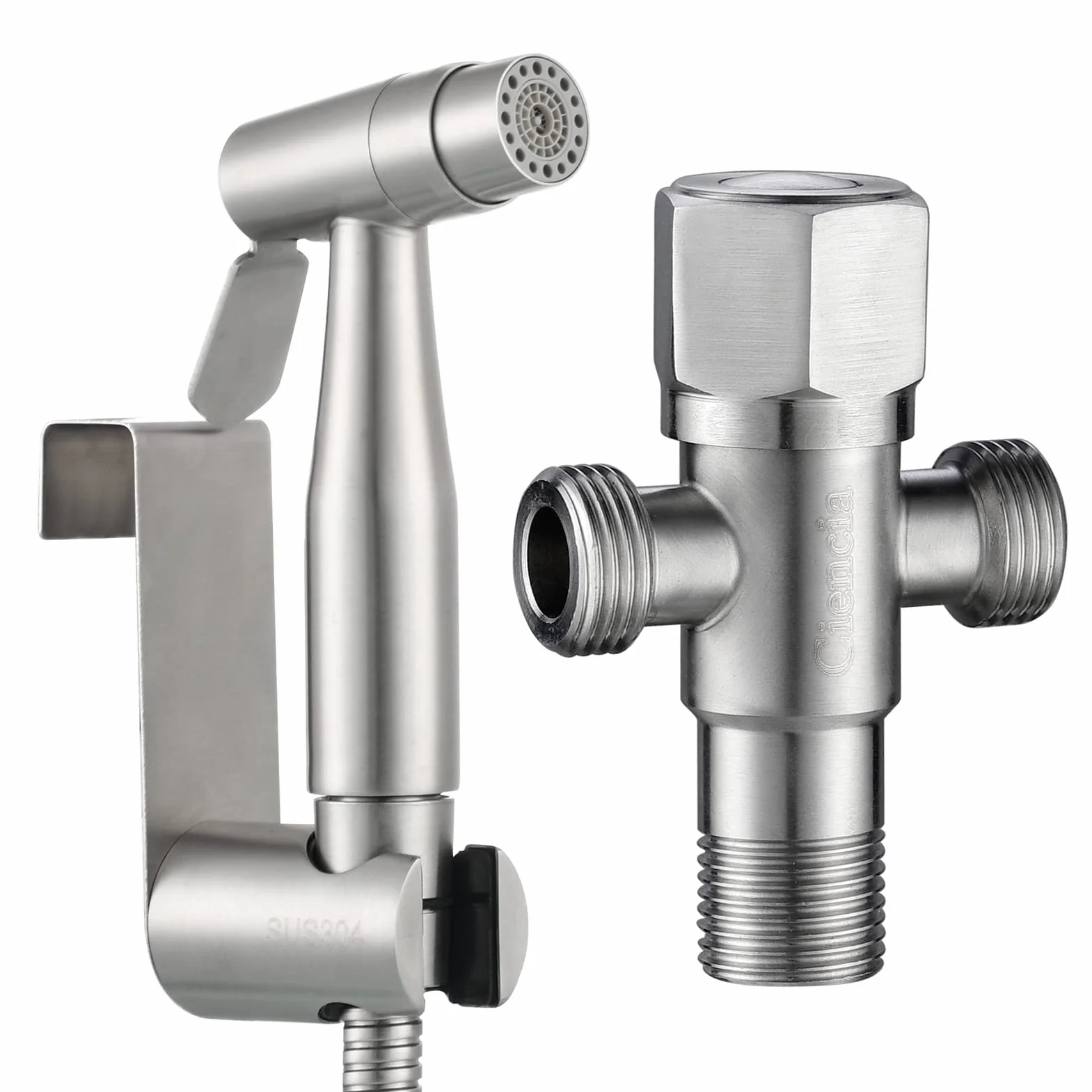 Tecmolog Ducha Bidet 2 Modos Mano Grifos Shattaf Pulverizador Acero Inoxidable Portatil para WC, con Soporte, Valvula Desviadora y Manguera 1.2m, WS024AF2