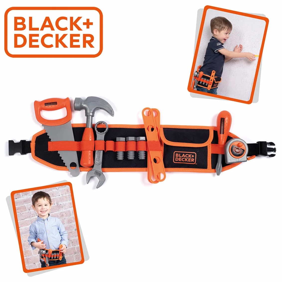 Smoby - Black+Decker - Cinturón de Herramientas - Correa Ajustable - 14 Accesorios - Sierra, Destornillador, Llave combinada, Cinta métrica, Tornillos, Reglas, Tuercas - A Partir de 3 años