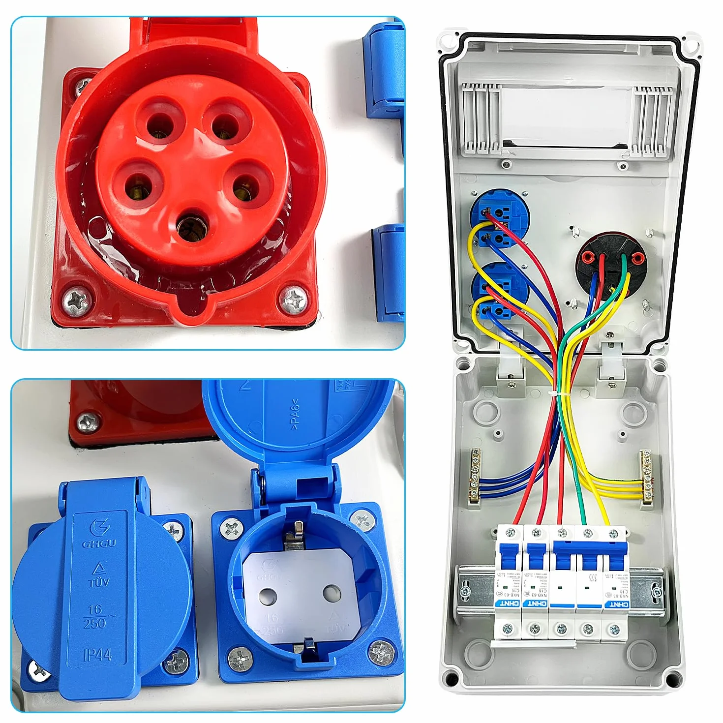7 Piezas Cuadro Electrico Kit, Carcasa IP54 con Disyuntor de 16A, Toma 5P16A y Toma de 220V, Enchufe Pared Exterior Impermeable, para Taller, Industria, Industria de la Construcción
