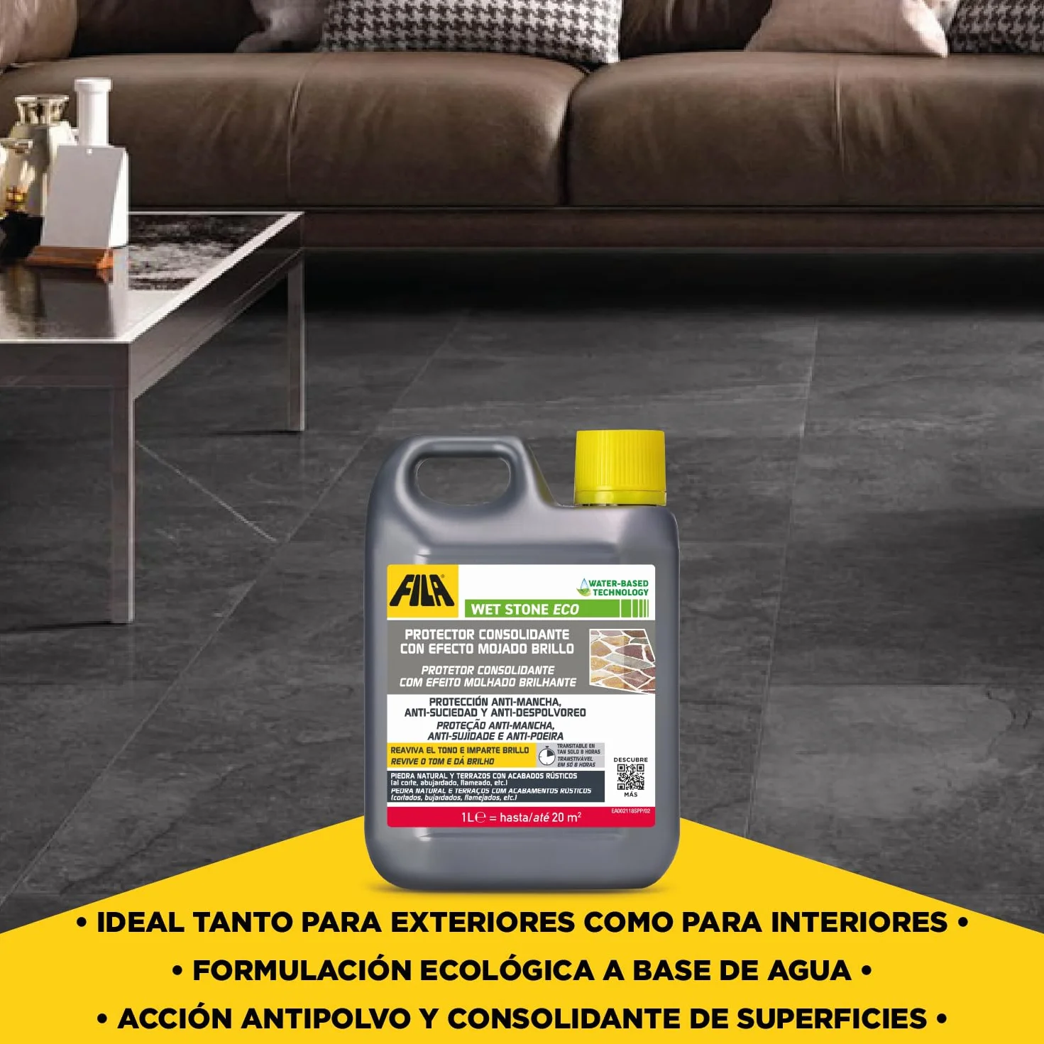 FILA Surface Care Solutions, WET STONE ECO, Protector de Piedras Naturales a Efecto Mojado, Hidrofugante Piedra, Repelente de Manchas y Suciedad,Suelos Interiores y Exteriores, Base Acuosa, 1L
