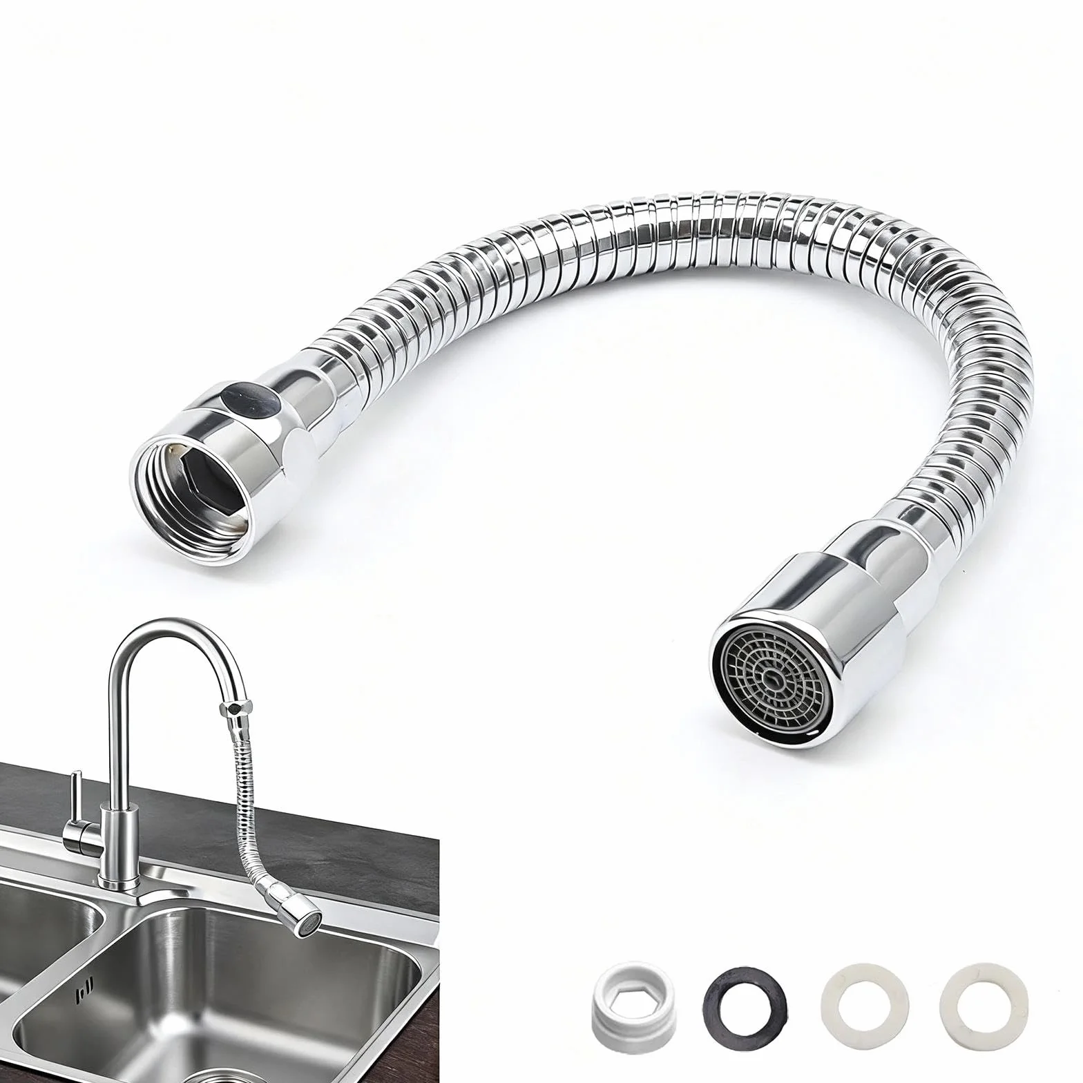 Extensión de Grifo de Acero Inoxidable de 30 cm, Ajustable 360°, con Adaptador de Rosca Interior y Exterior y Juntas, Adecuado para Grifos de Cocina y Baño