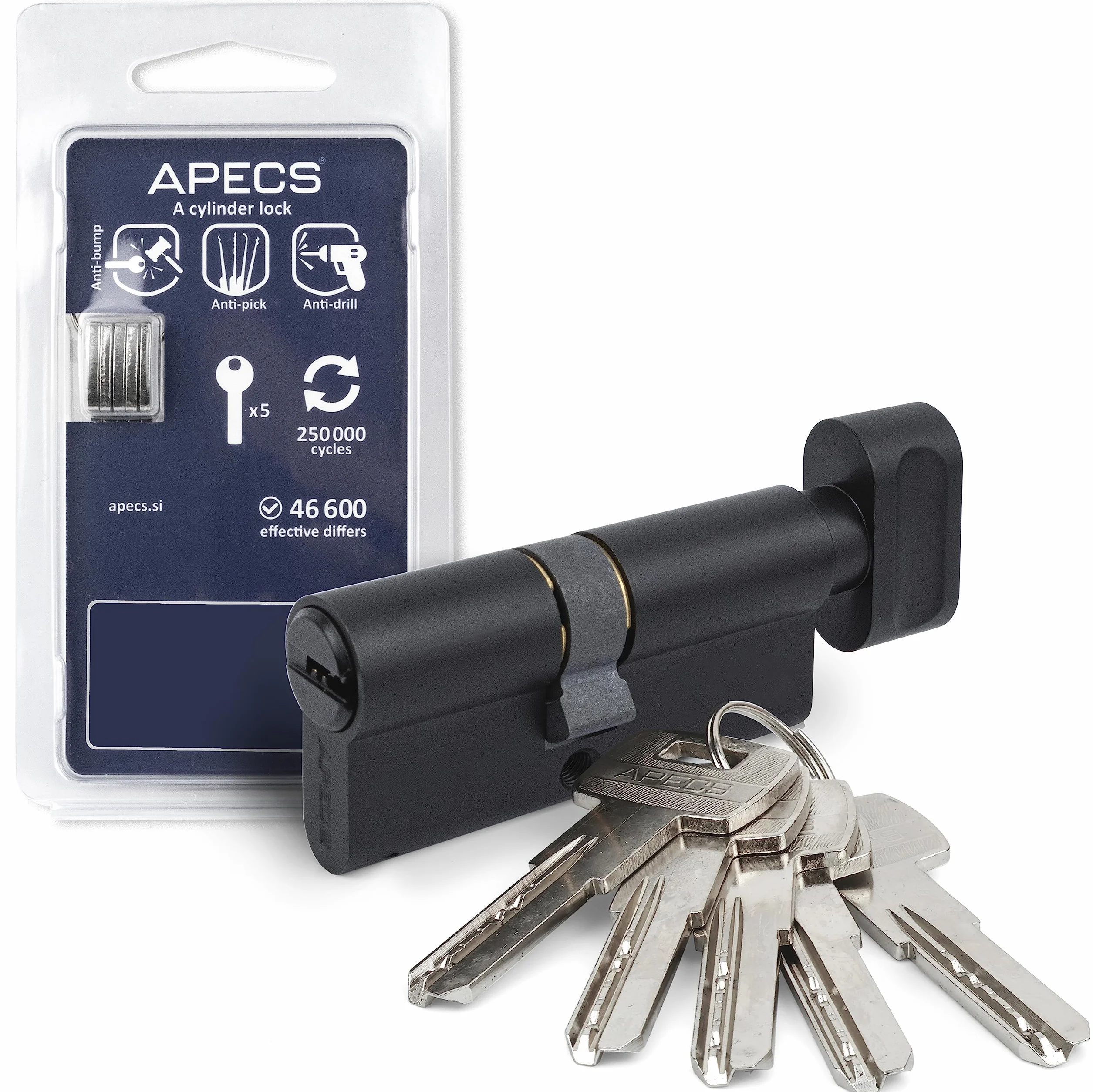 Cilindro con pomo negro APECS cilindro de cerradura con pomo cerradura de cilindro 65 (30/35C) mm para cerradura de puerta de entrada con 5 llaves modelo SM-65(30/35C)-C-BLM