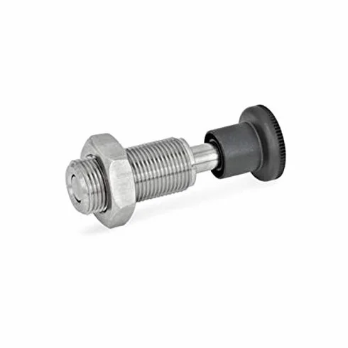 Perno de muelle de acero inoxidable con contratuerca con botón Ø10, M20 x 1,5, sin rosca interior.