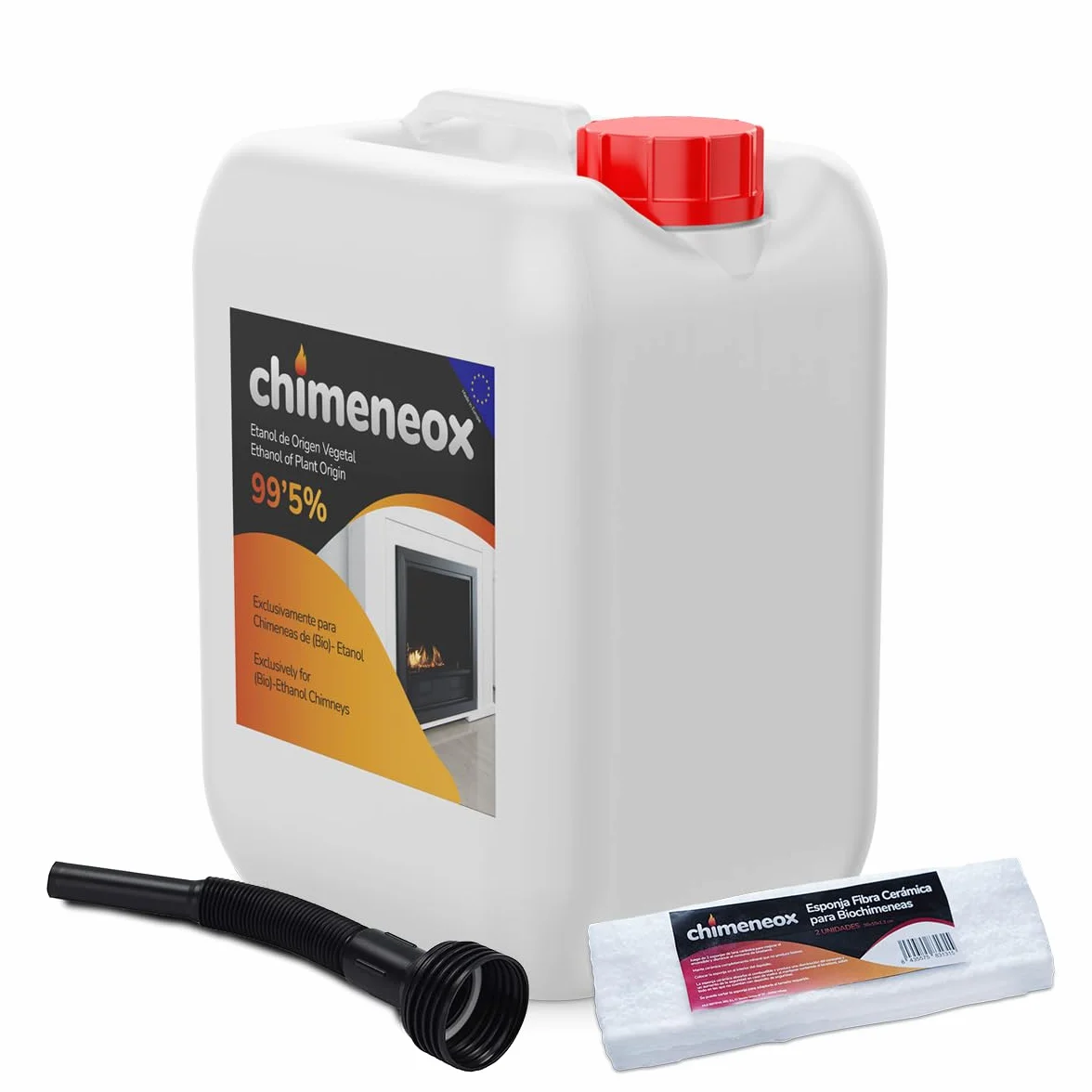 5L Bioetanol 99,5% para chimeneas de Chimeneox (con Embudo) + 2 x Esponja Fibra Cerámica