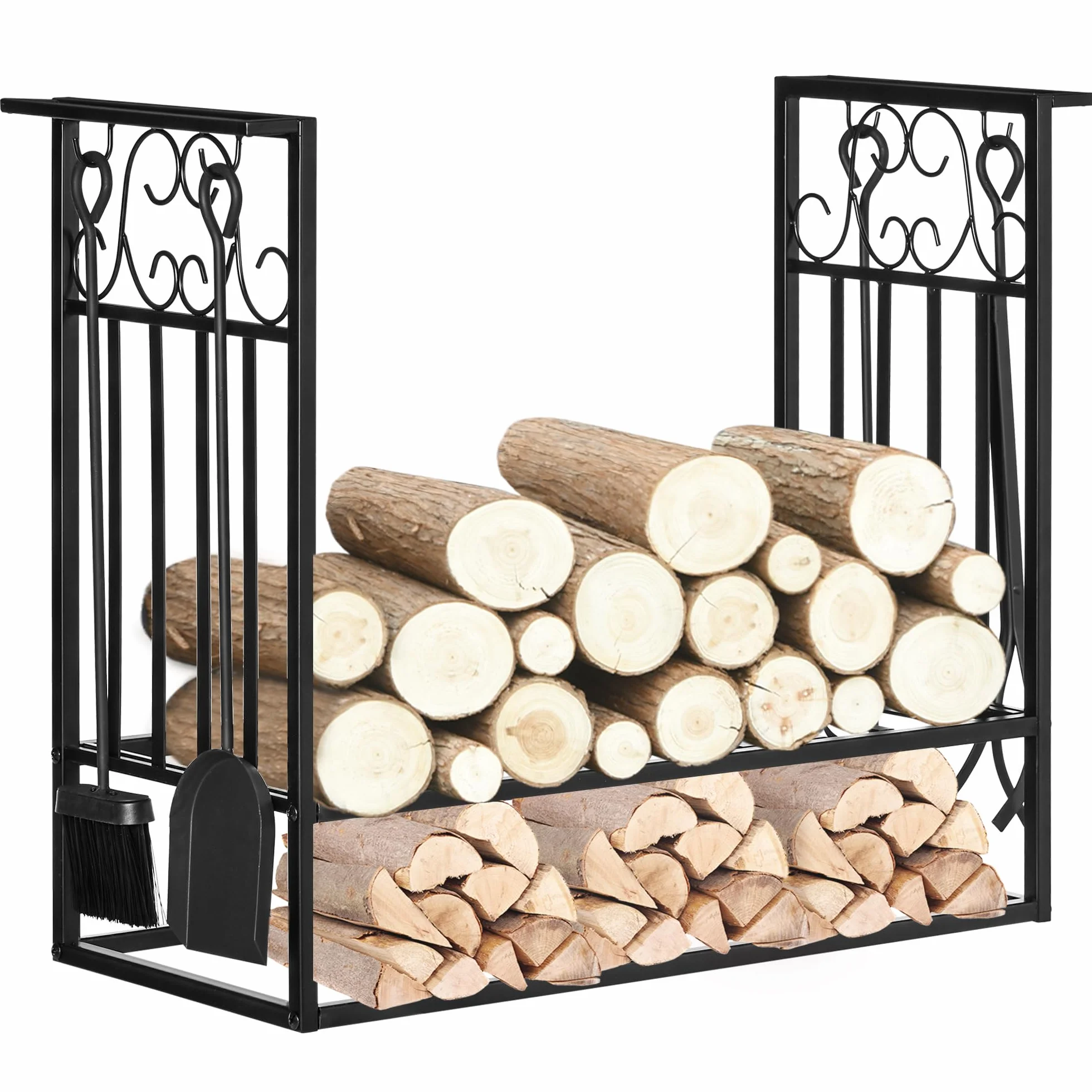 HOMCOM Estante para Leña de Chimenea 75x30x60 cm Soporte para Leña Tradicional Portaleña de Diseño Vintage con 4 Herramientas Base Elevada Carga Máx. 100 kg Acero para Interior y Exterior Negro