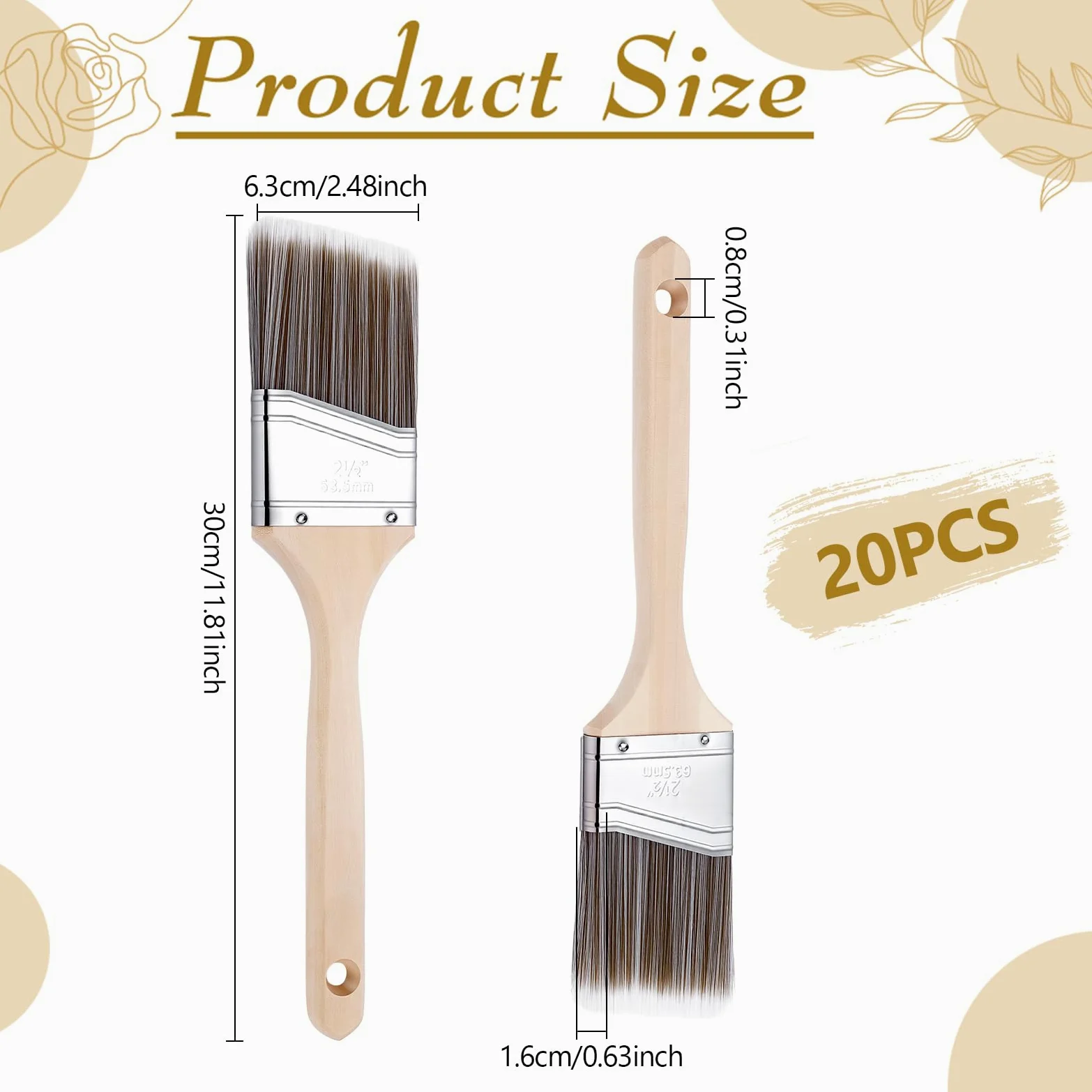 Paquete de 20 pinceles de nailon, 6,3 cm, ángulo de 6,3 cm, pincel de pintura de madera a granel para pintura de manchas, valla de pared, muebles de madera, marco de puerta, armario, ventana