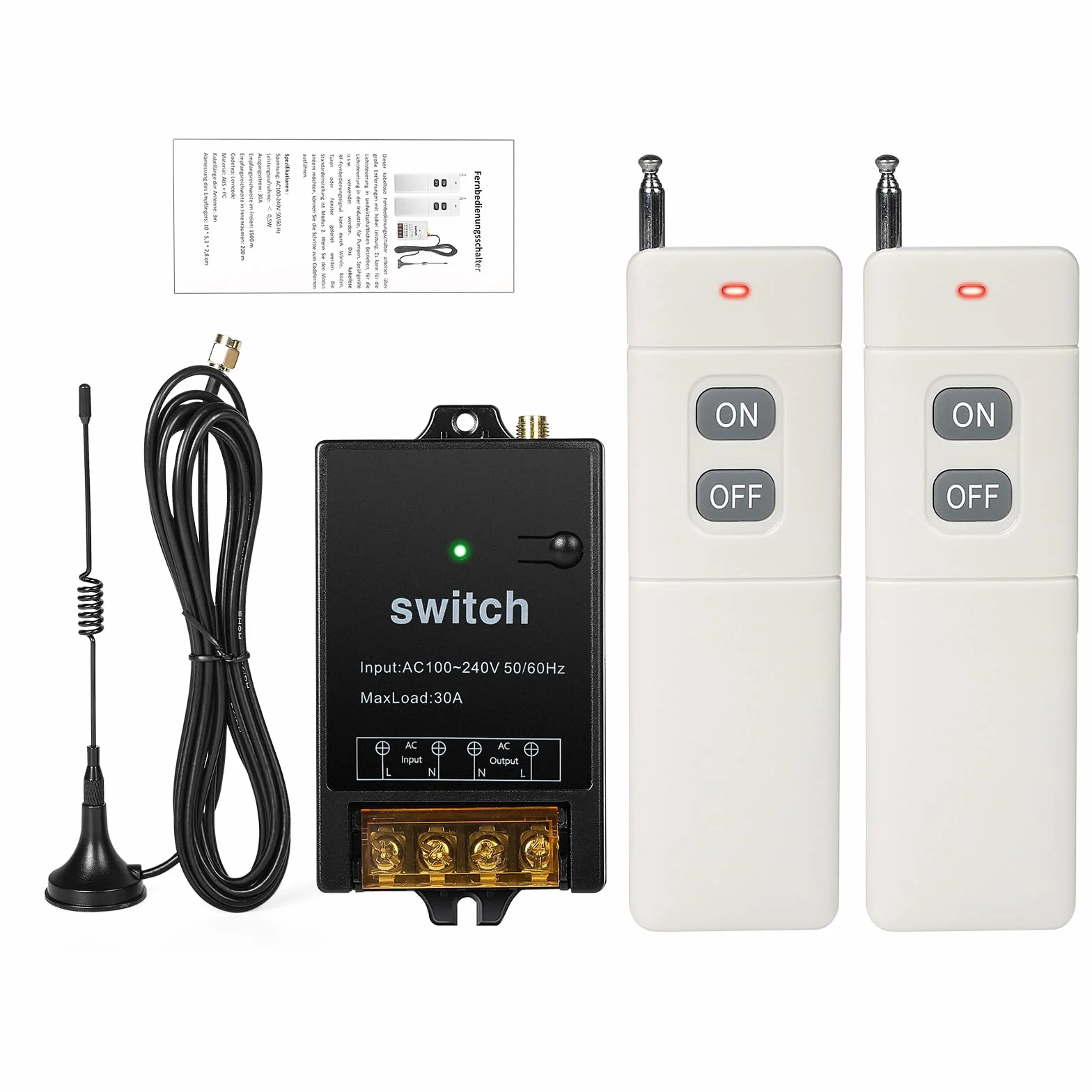 Interruptor Con Mando a Distancia 220V Interruptor Inalambrico Rele 220V remoto AC rele de control para bomba de agua motor sistema de seguridad distancia máxima 1500m con 2 mandos a distancia.