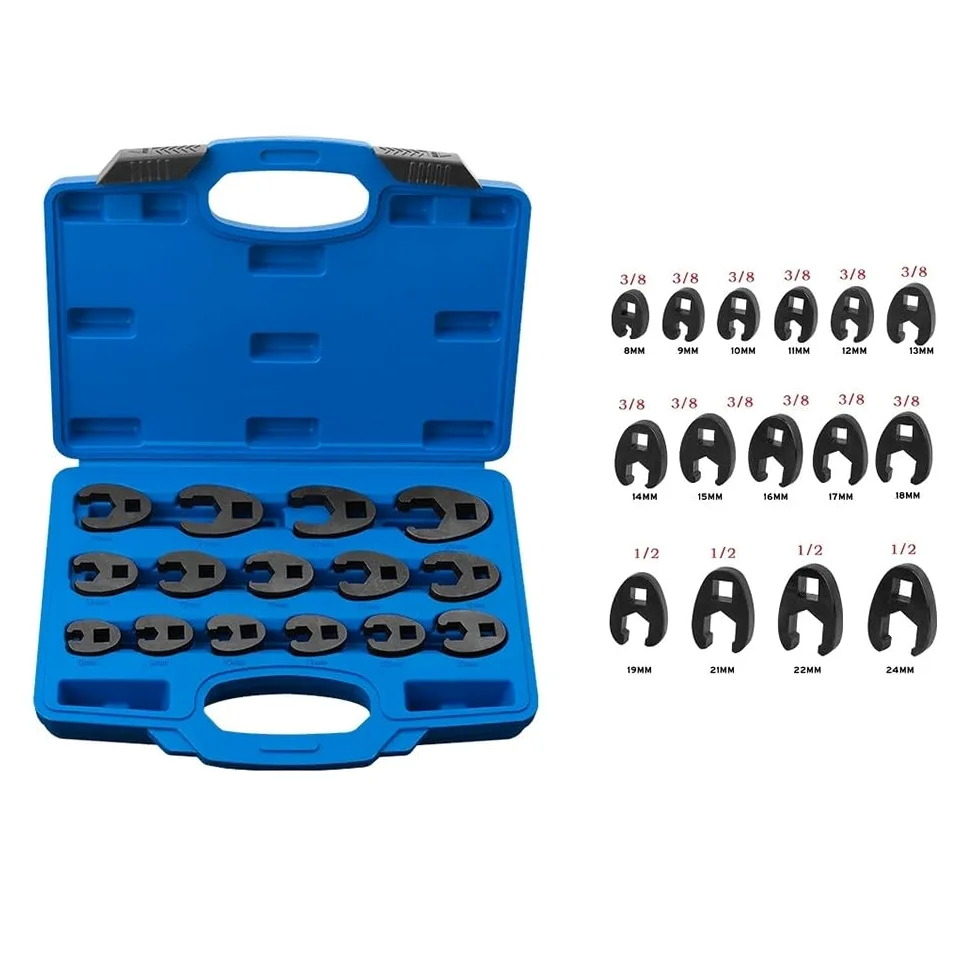 Juego de llaves de pata de gallo resistentes, 15 llaves métricas de tuerca acampanada de 8 a 24 mm, llaves de extremo abierto con trinquete de 3/8 y 1/2, kit de herramientas profesionales para