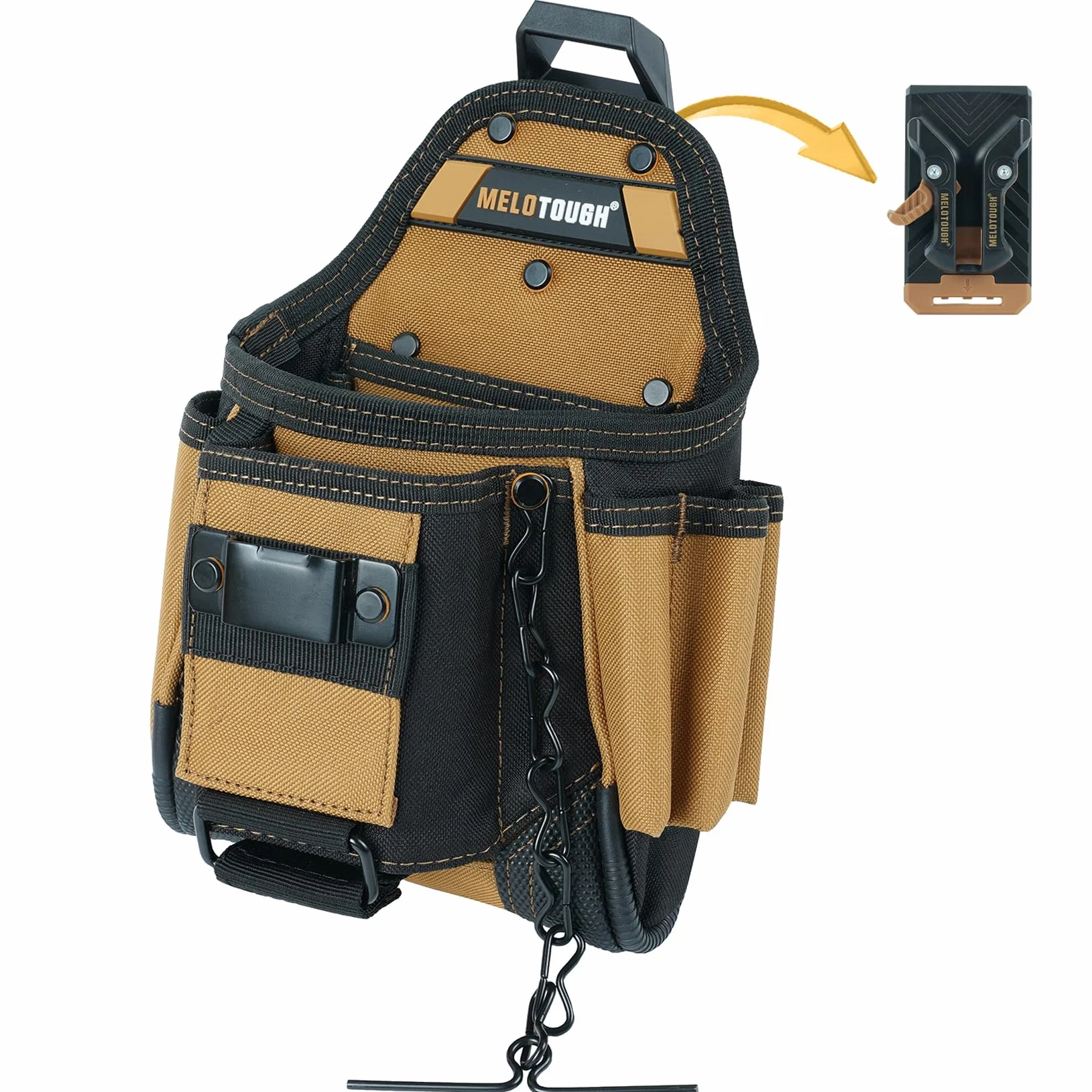 MELOTOUGH Bolsa para cinturón de herramientas con clip para cinturón, 9 bolsillos, bolsa de herramientas con cinta para electricista