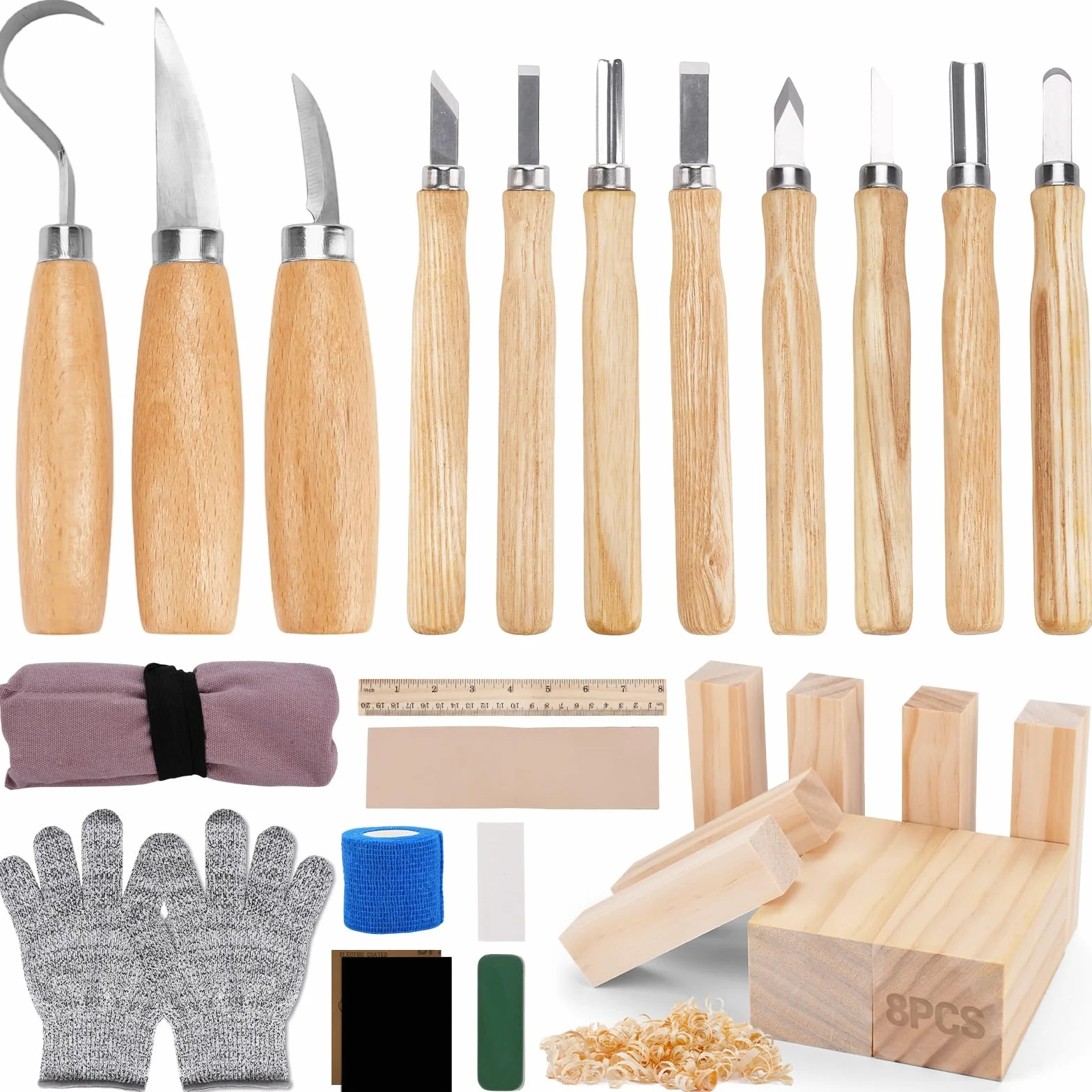 Kit de Tallado de Madera,28 PCS Herramientas para Tallar Madera con Cuchillos,Cinceles,Bloques y Guantes,Bolsa de Almacenamiento,Tallar Madera para Principiantes,Adultos y Entusiastas