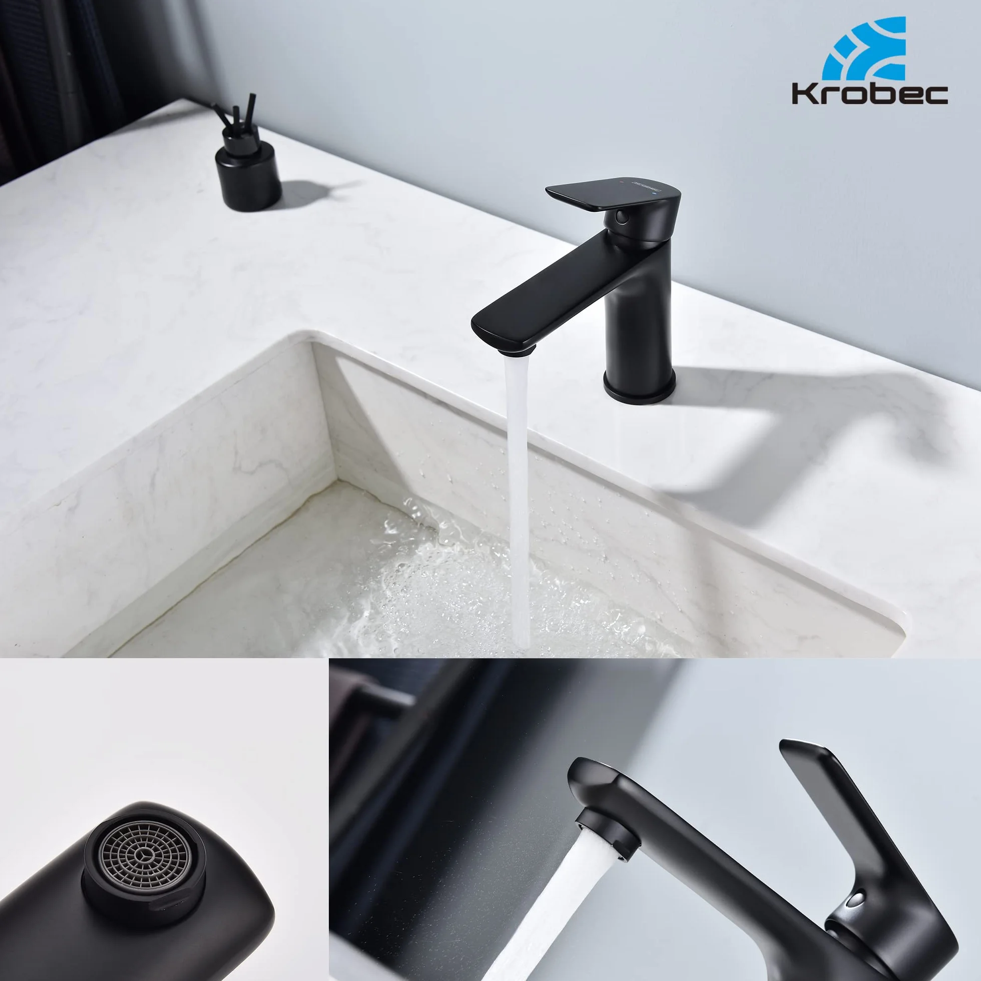 Korec Grifo de baño,Grifo de Lavabo,Grifo Monomando de Lavabo, Grifo Monomando Lavabo,Grifo Lavabo,Núcleo de válvula de latón y cerámica,Conexión EU 3/8″(negro mate).