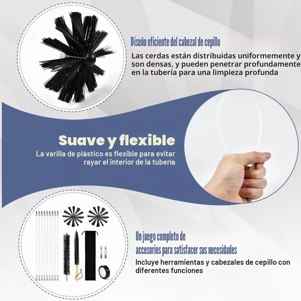 Kit de Deshollinamiento Limpieza de Chimenea,con 9 Varillas de 410mm, 2 Cepillos de 150mm, 1 Cepillo con Mango de Madera,1 Cepillo Largo, 1 Cinta Adhesiva, 2 Cabeza Hexagonal y 1 Bolsa de Tela