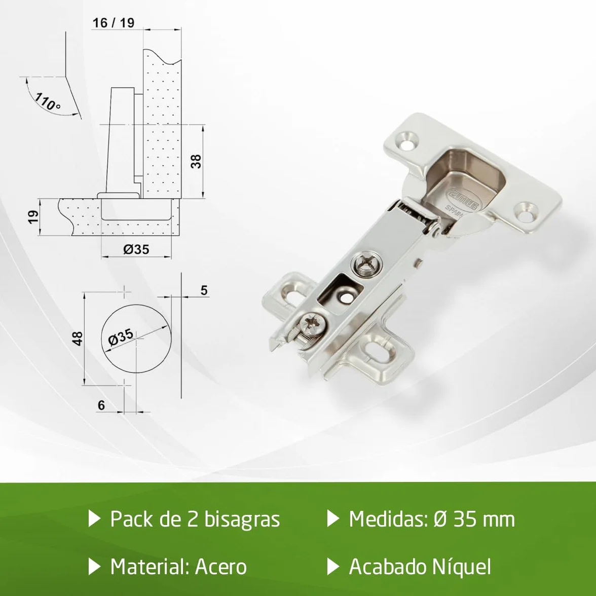 Amig Pack de 2 Bisagras de Cazoleta Rectas Ø35 mm Acero Niquelado Apertura 110° Instalación Oculta para Muebles