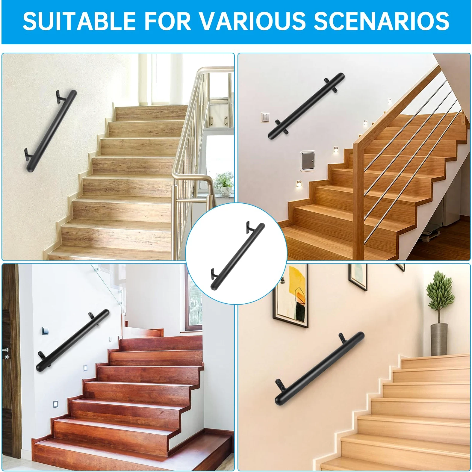 Pasamanos negro con recubrimiento en polvo 41cm Barandilla metálica para interior/exterior Ø32mm – Asidero de seguridad para garaje, sótano, terraza, escaleras, barandillas – Interior/exterior