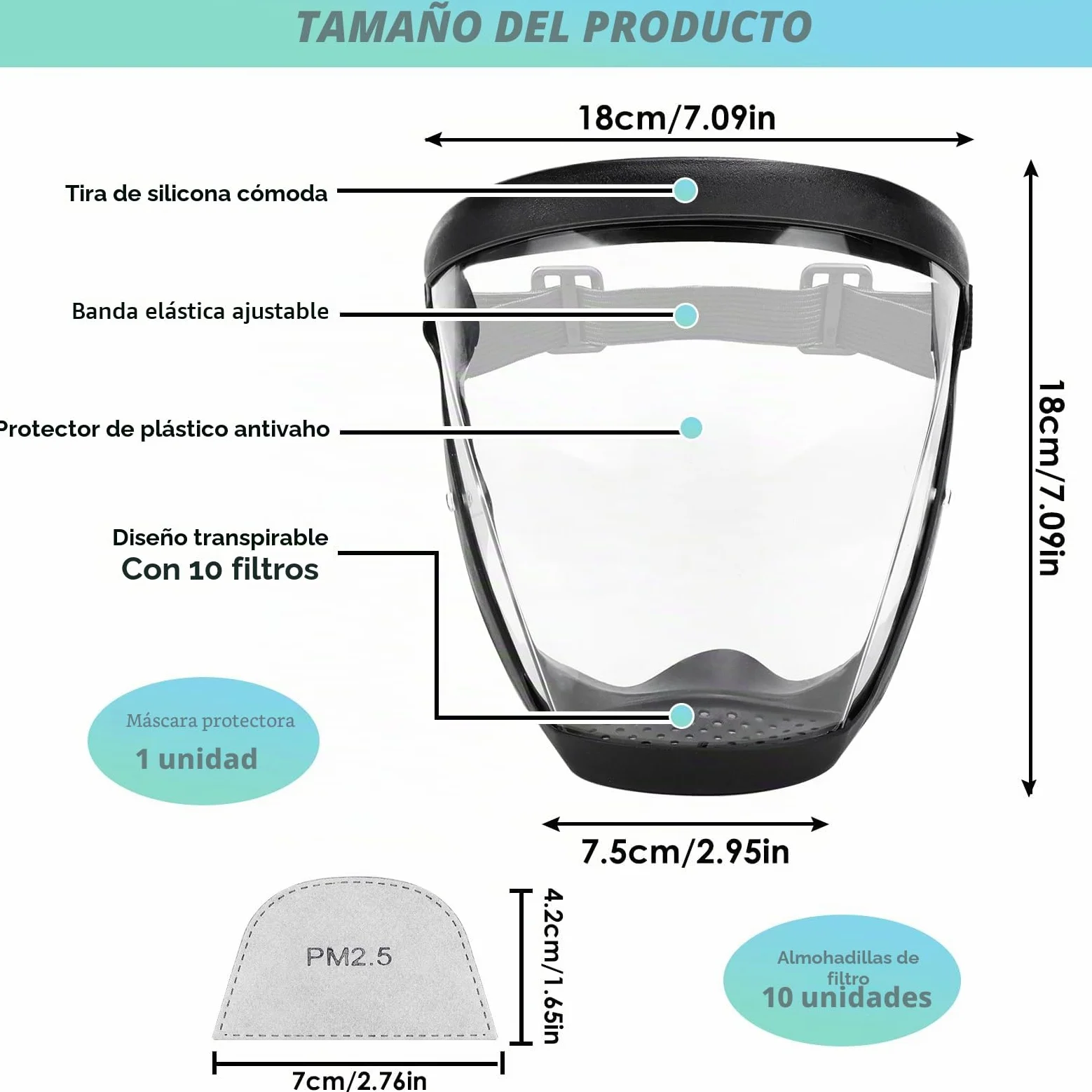 Protección facial protector antiempañamiento de cara completa de plástico transparente con banda ajustable para adultos