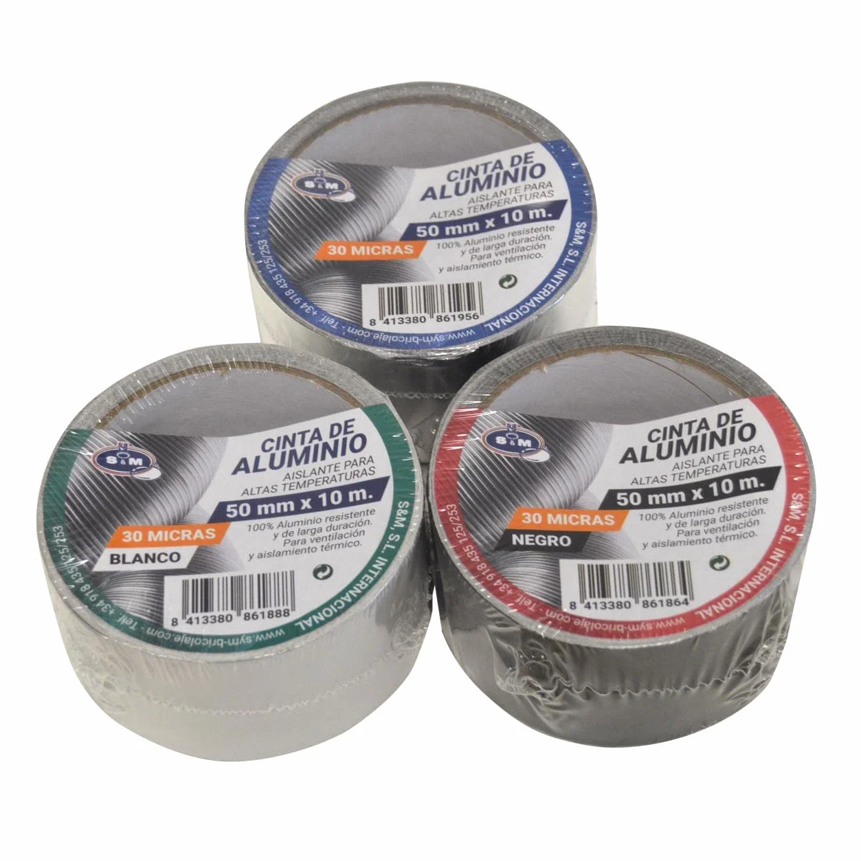 S&M Cinta aluminio blanca 50 mm x 10 m (espesor 30 micras) SANEAPLAST- Cinta adhesiva de aluminio multiusos– Rollo de 10 metros, Blanco