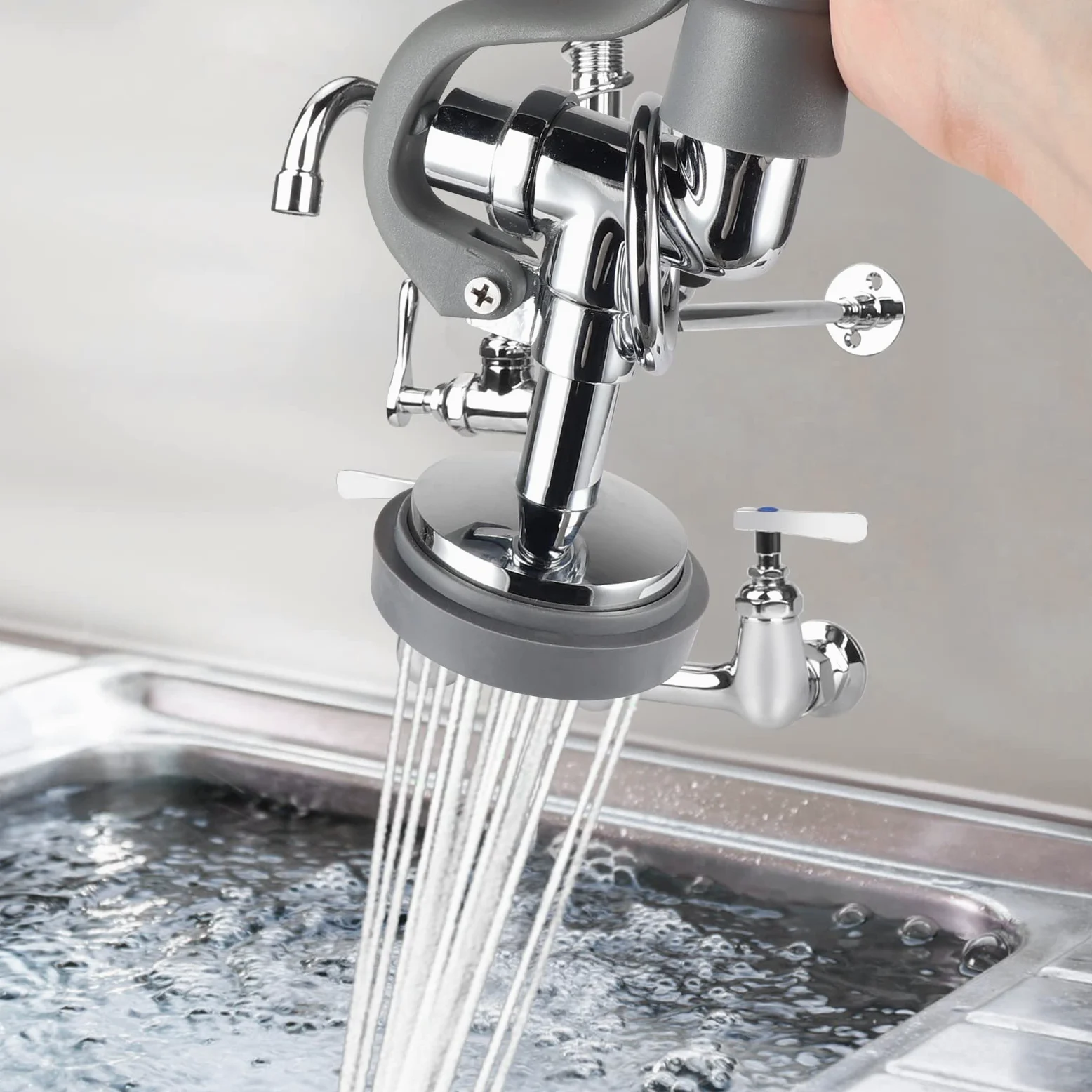 Cabezal de repuesto de válvula de pulverización gris para grifo comercial de preenjuague con mango de agarre de flujo de agua de 1.8 GPM
