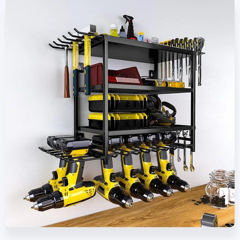 Soporte de pared para herramientas de 4 niveles, almacenamiento de herramientas para 4 herramientas eléctricas, soporte de pared, organizador para garaje, taller de coche, 59,5 x 24,5 x 41,5