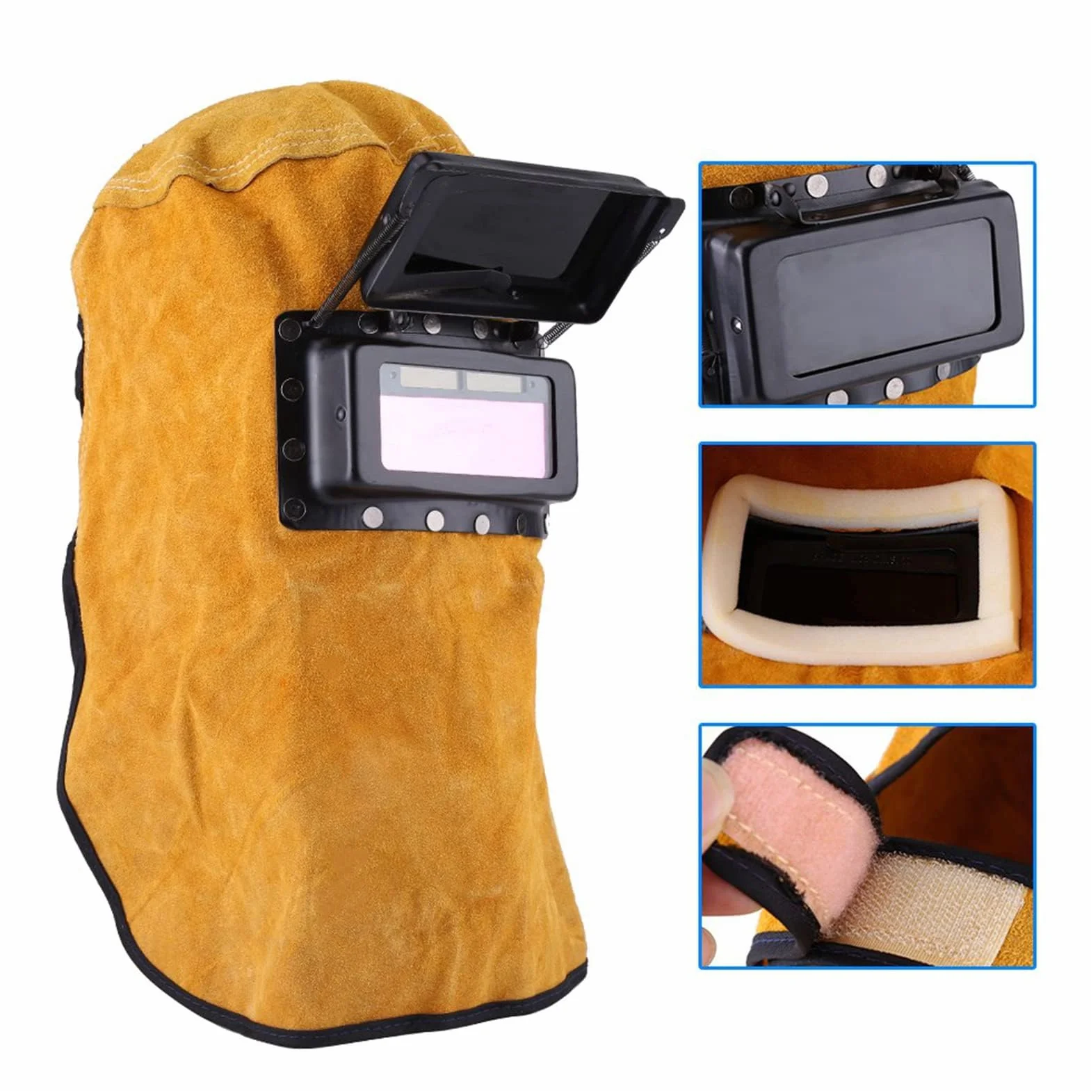Casco de Soldadura de Cuero con Lente de Oscurecimiento Automático para Protección Facial y Cuello Pantalla de Soldador con Ajuste Rápido y Material Transpirable