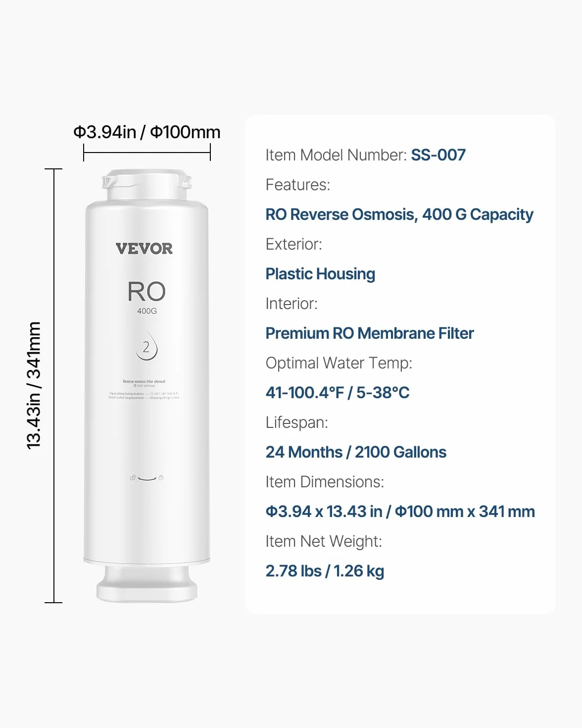 VEVOR Sistema de Ósmosis Inversa 9 Etapas 400 GPD, Cartucho de Filtro RO 24 Meses, Reduce Plomo Cloro Óxido, Compatible Fregadero SS-002 Φ 100 x 341 mm