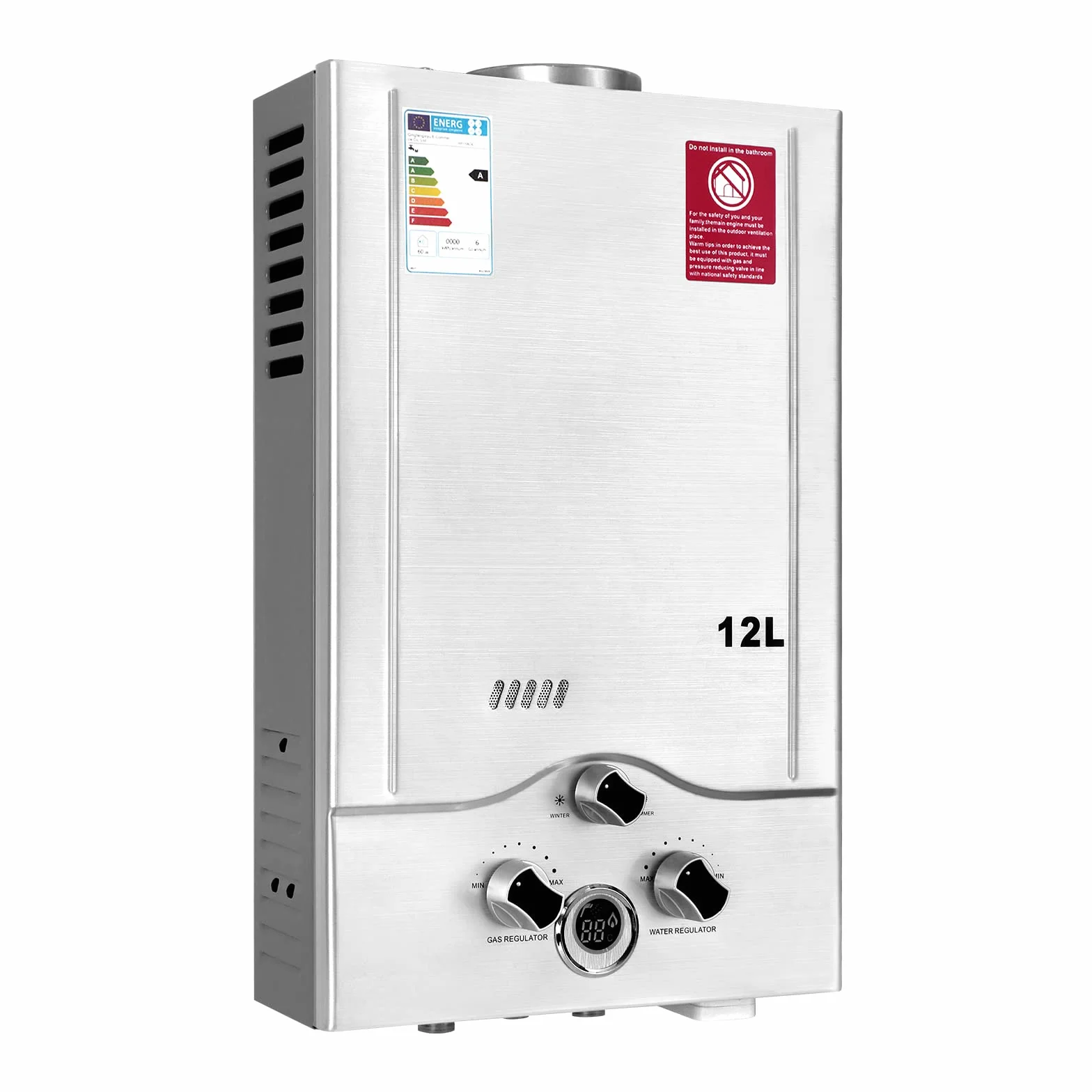 BreeRainz Calentador de Agua a Gas 12LPM 24KW GLP Presión de Agua 0,2 bar Butano Propano