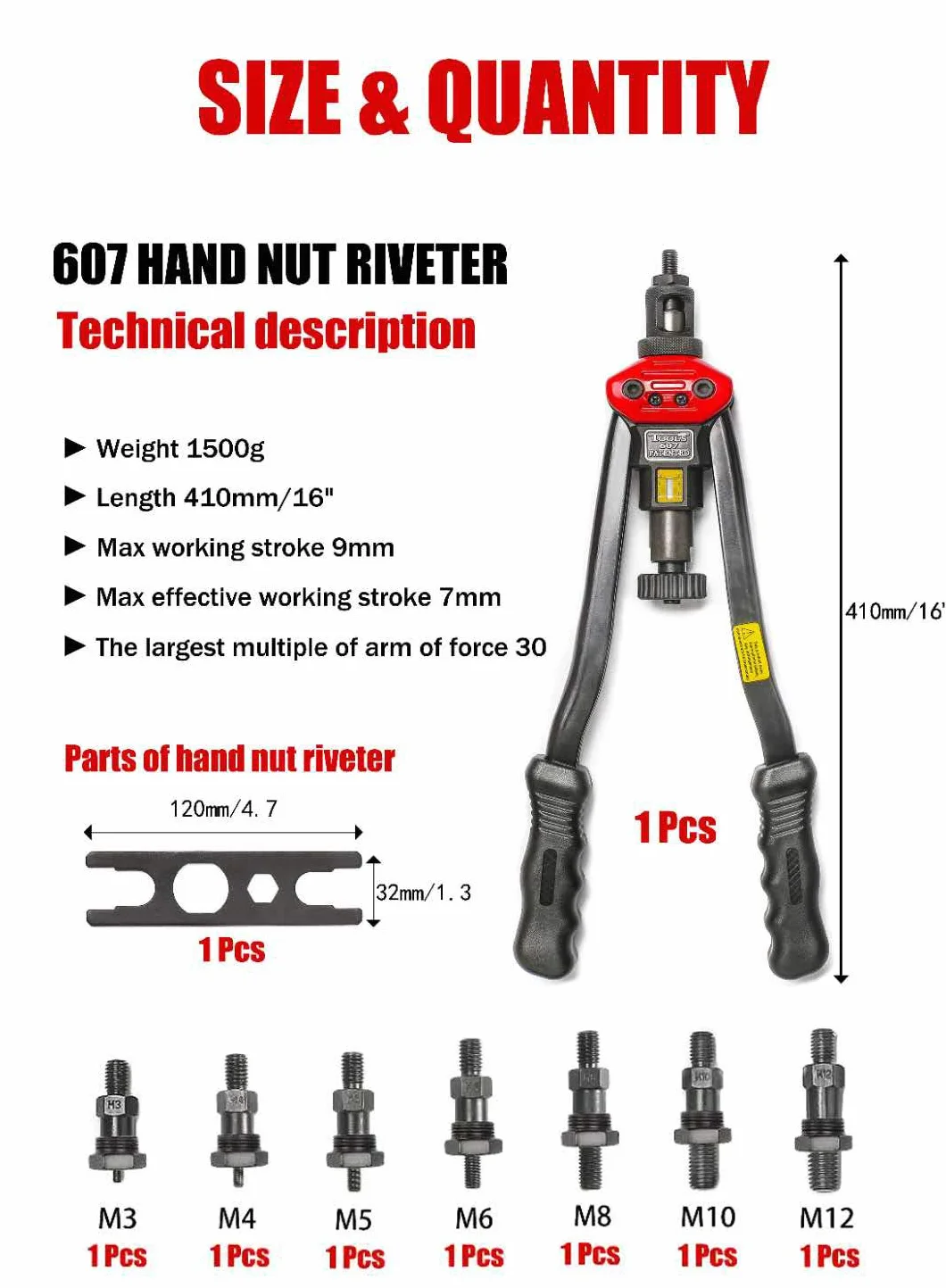 Remachadora manual BT607, pistola remachadora, herramientas para remachar con sistema de ajuste a tuerca, de 440 mm, M3, M4, M5,M6,M8, M10, M12