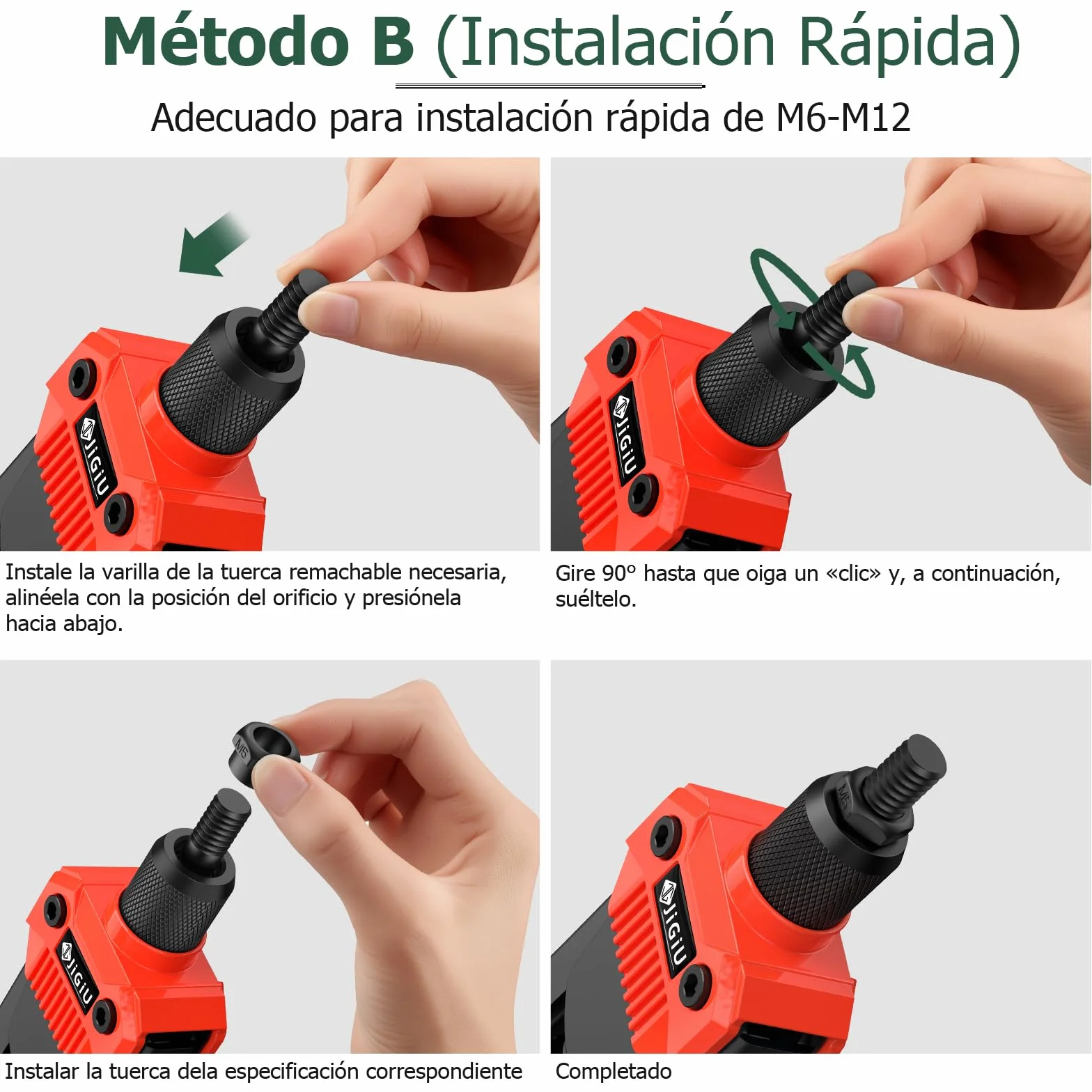 JiGiU 13'' Remachadora de Tuercas con 110 Tuercas M3 M4 M5 M6 M8 M10 M12 Juego de Alicates para Remachar 7 Mandriles Intercambiables para Automoción, Componentes Metálicos, Construcción