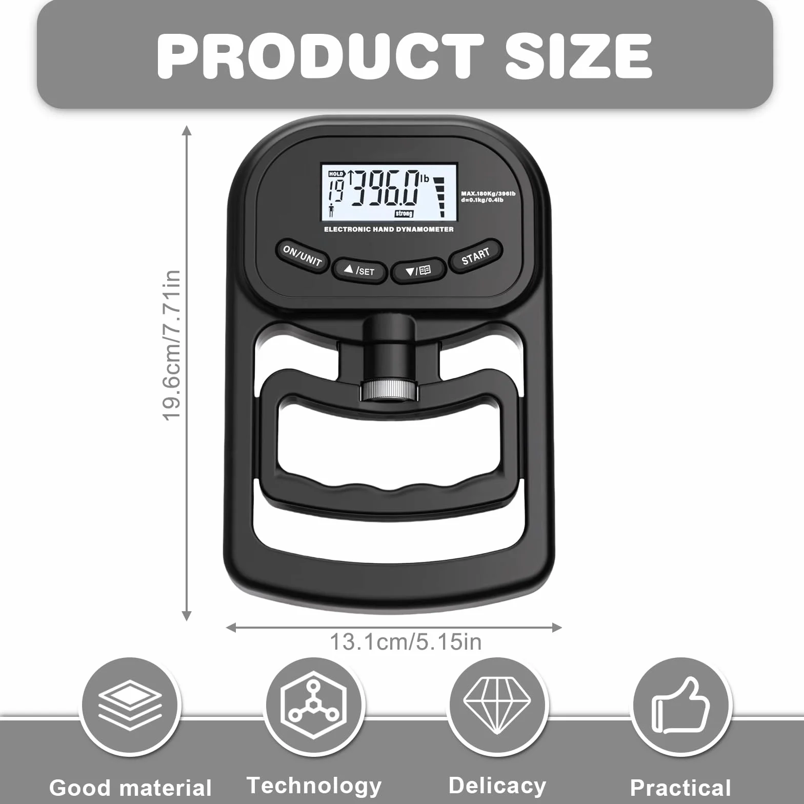 Medidor de fuerza digital manual, 396 lb/180 kg, color negro, dinamómetro de mano con cable de carga USB, gran pantalla LED