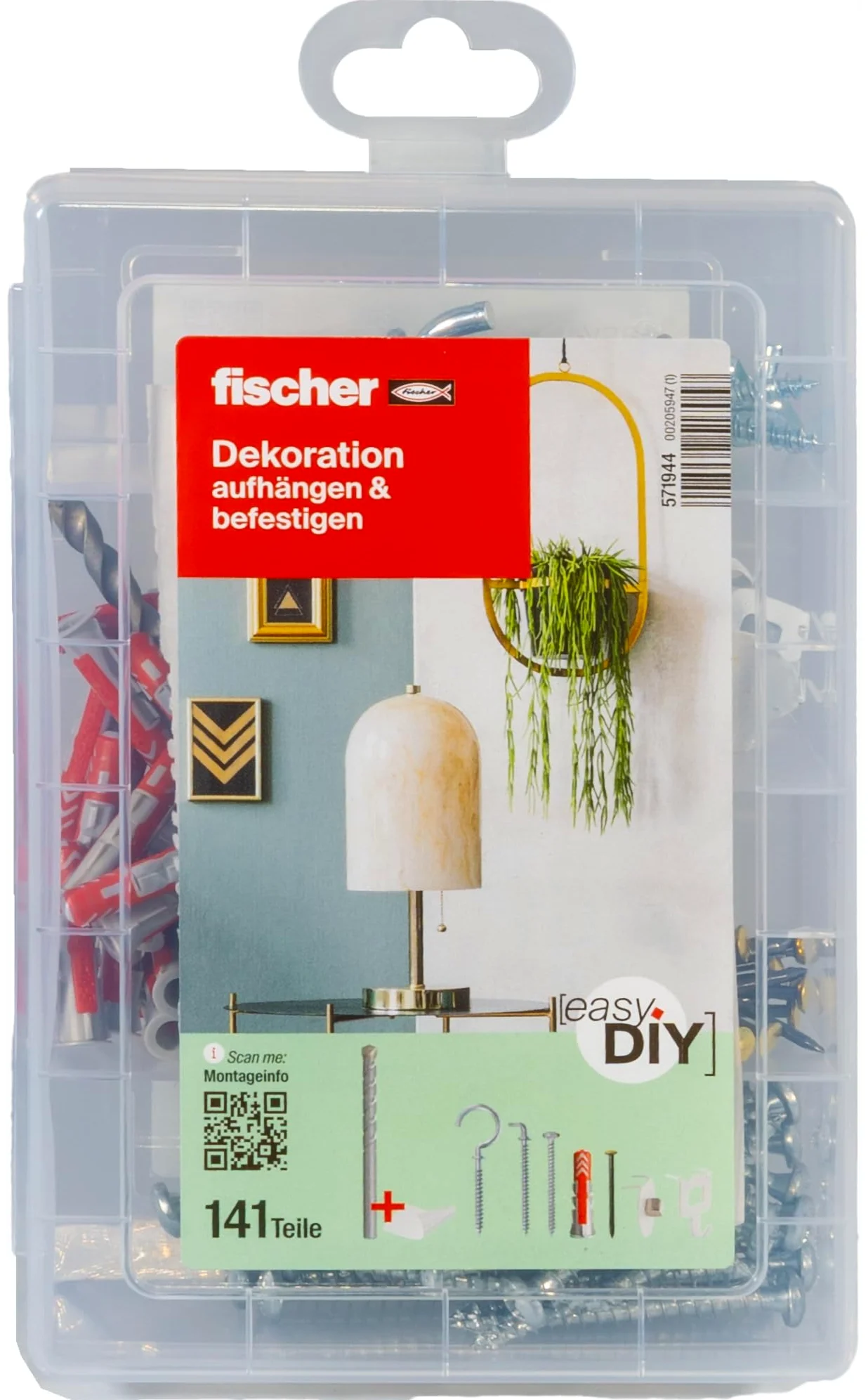 fischer EasyDIY - Caja decorativa con ganchos, tornillos, tacos y más, ideal para los entusiastas del bricolaje para fijar ideas creativas de decoración, juego preclasificado en caja de plástico, 141