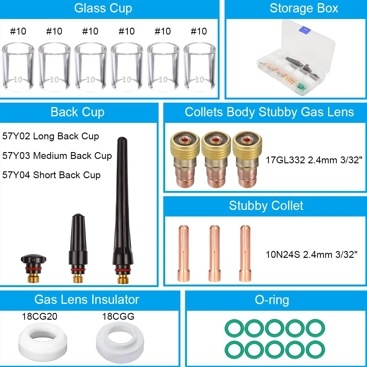 29 piezas TIG Stubby Gas Lens #10 para kit de copa de vidrio Pyrex para WP-17/18/26 Kit de accesorios de antorcha de soldadura TIG, cuerpo de pinzas, pinzas, copa trasera, junta de copa