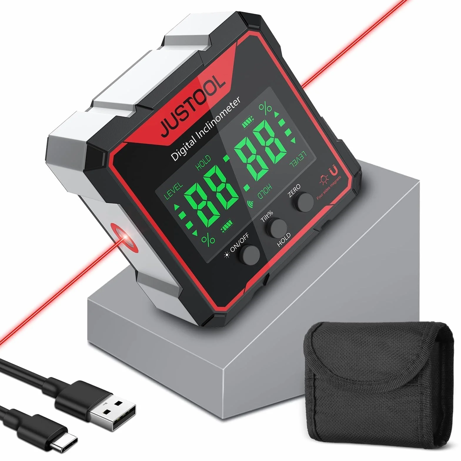 JUSTOOL Inclinómetro digital 4 * 90 con Pantalla LED-Nivel digital 4 lados magnéticos-Transportador láser electrónico Recargable-IP54 Impermeable para Carpintería,Construcción etc