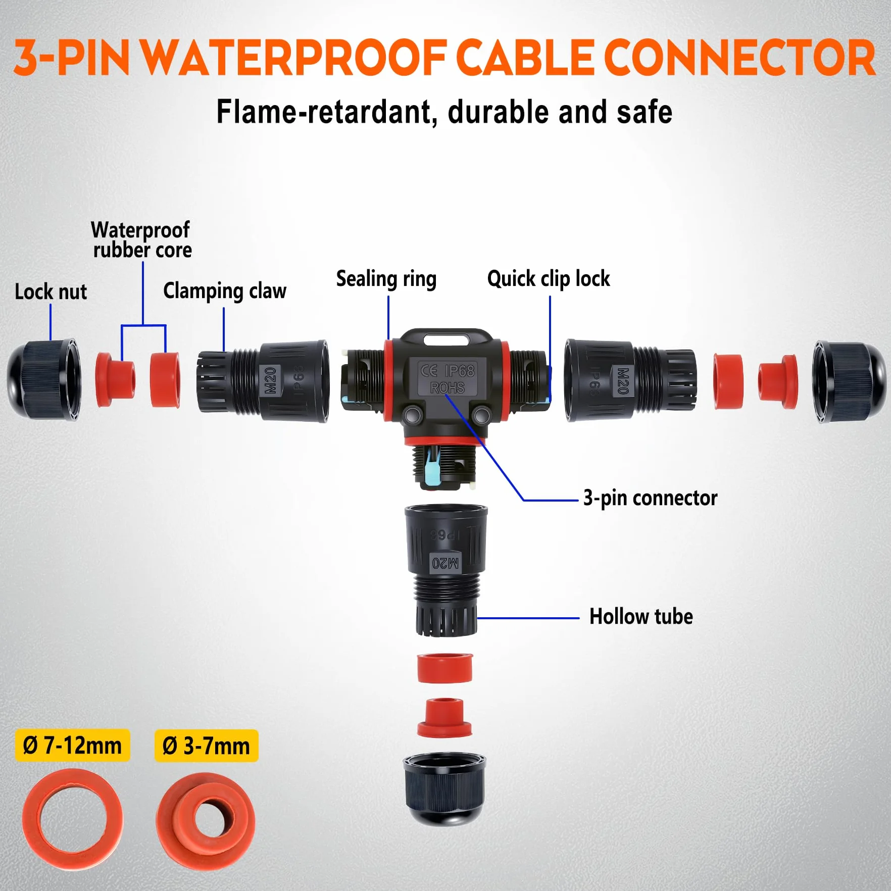 6 Piezas Conectores de Cable IP68 Impermeables, para Diámetro de Cable Ø3-12 mm, 3 Pines Empalmes Cables Electricos, Conexión rápida