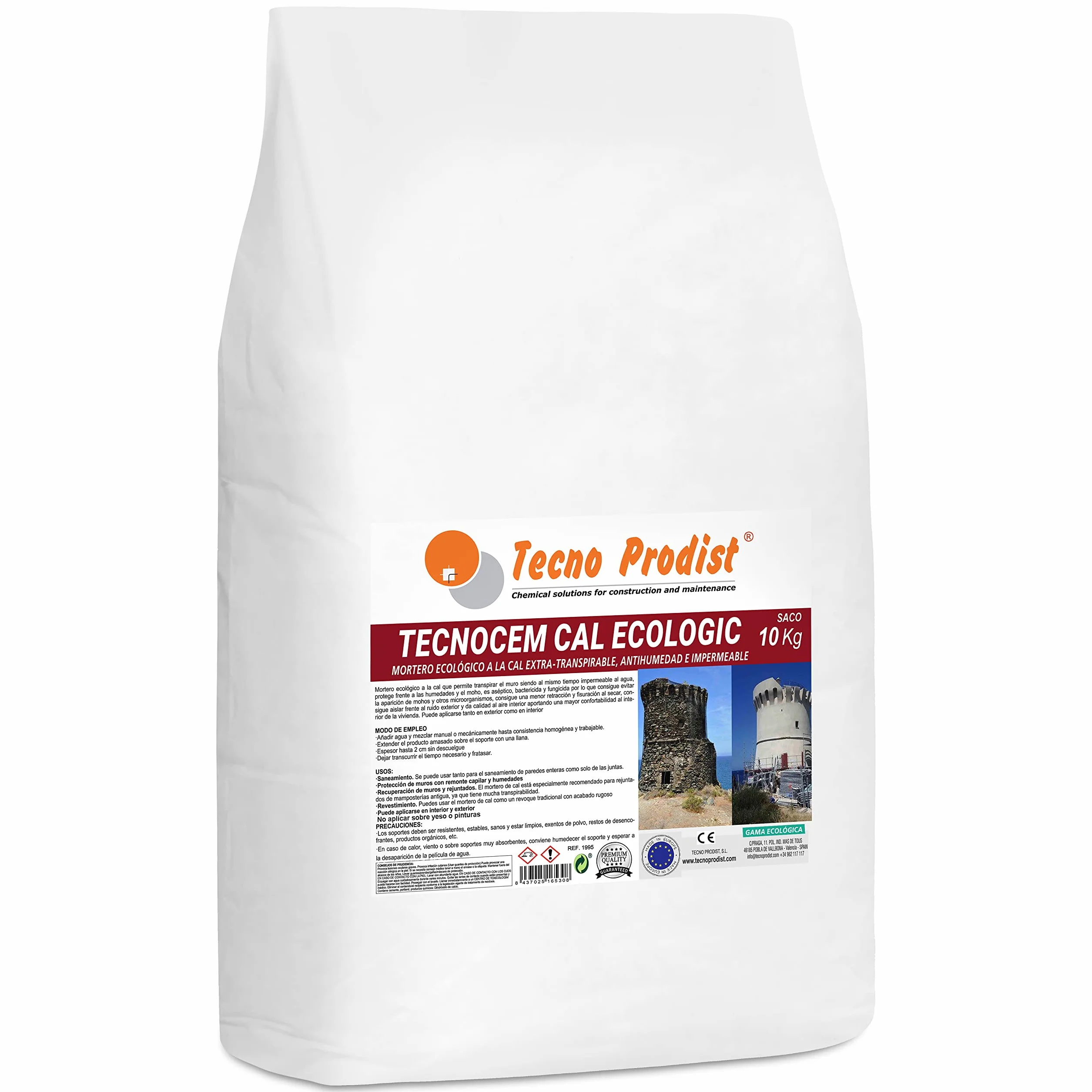 TECNOCEM CAL ECOLOGIC de Tecno Prodist (SACO 10 Kg) Mortero a la cal ecológico, Extratranspirable, antihumedad, impermeable, para enlucidos y revocos, fácil aplicación, color Blanco