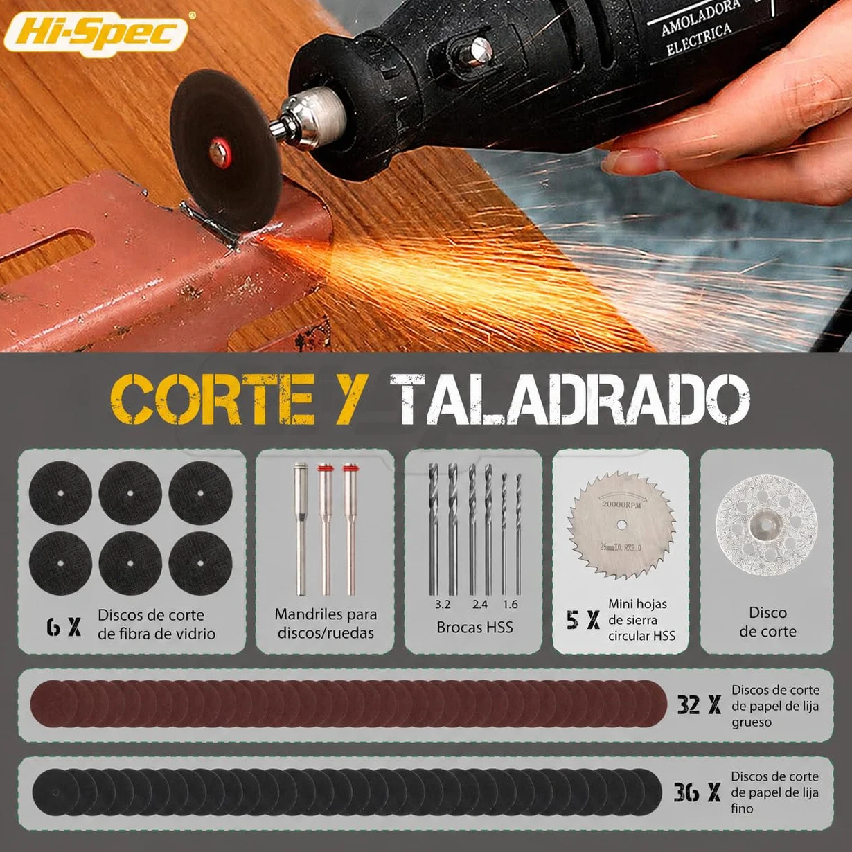 Hi-Spec Set de 305 Accesorios para Herramienta Rotativa. Compatible con portabrocas de 3.2mm. Lija, corta, pule, perfora y más. En un práctico estuche portátil
