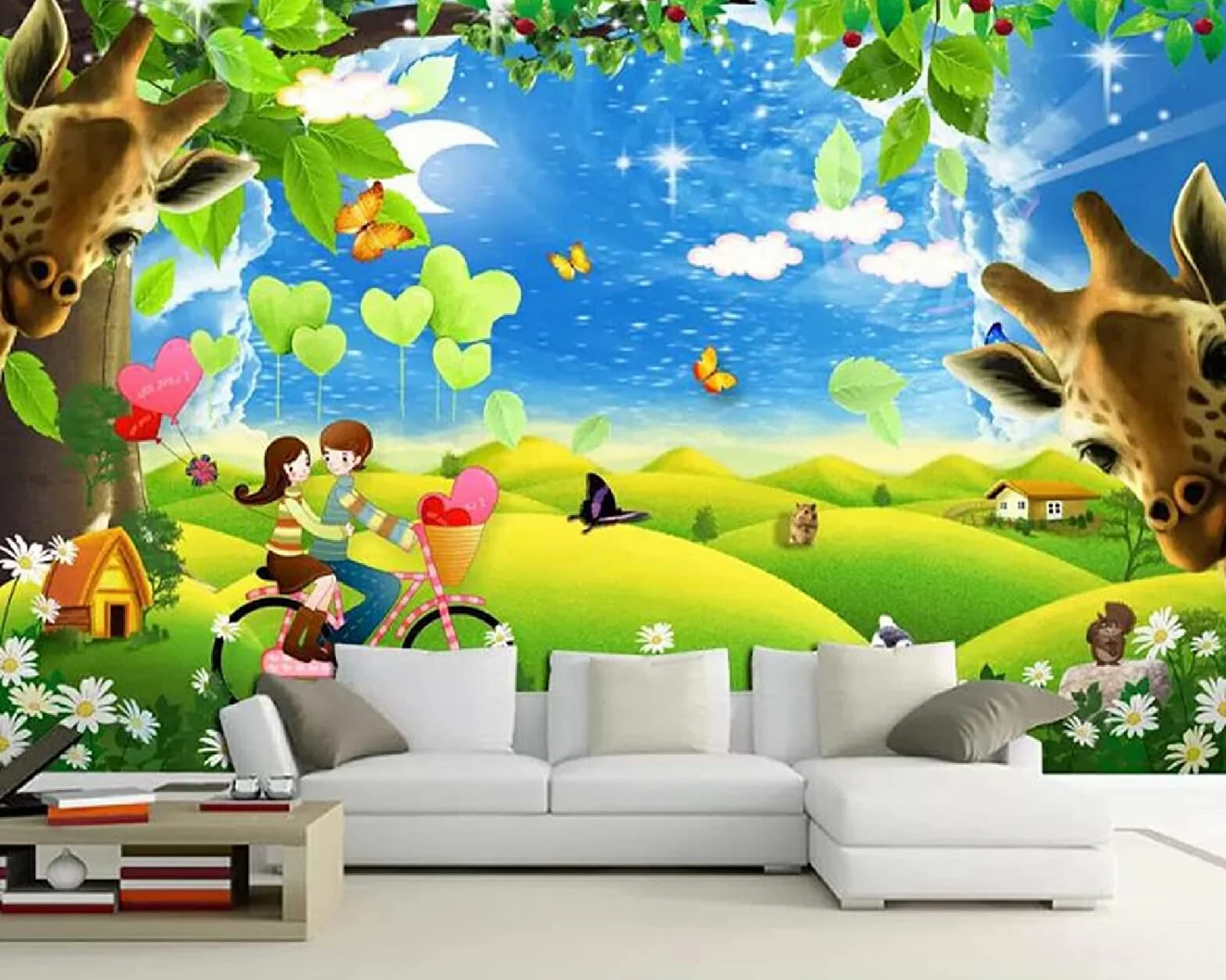 Papel Pintado Mural, 3D Caricatura, Coche, Pareja, Jirafa Papel Tapiz Autoadhesivo Para Sala De Estar, Dormitorio, Tv, Fondo, Oficina, Restaurante, Habitación, Foto De Pared E 200(ancho)x150(alto)cm