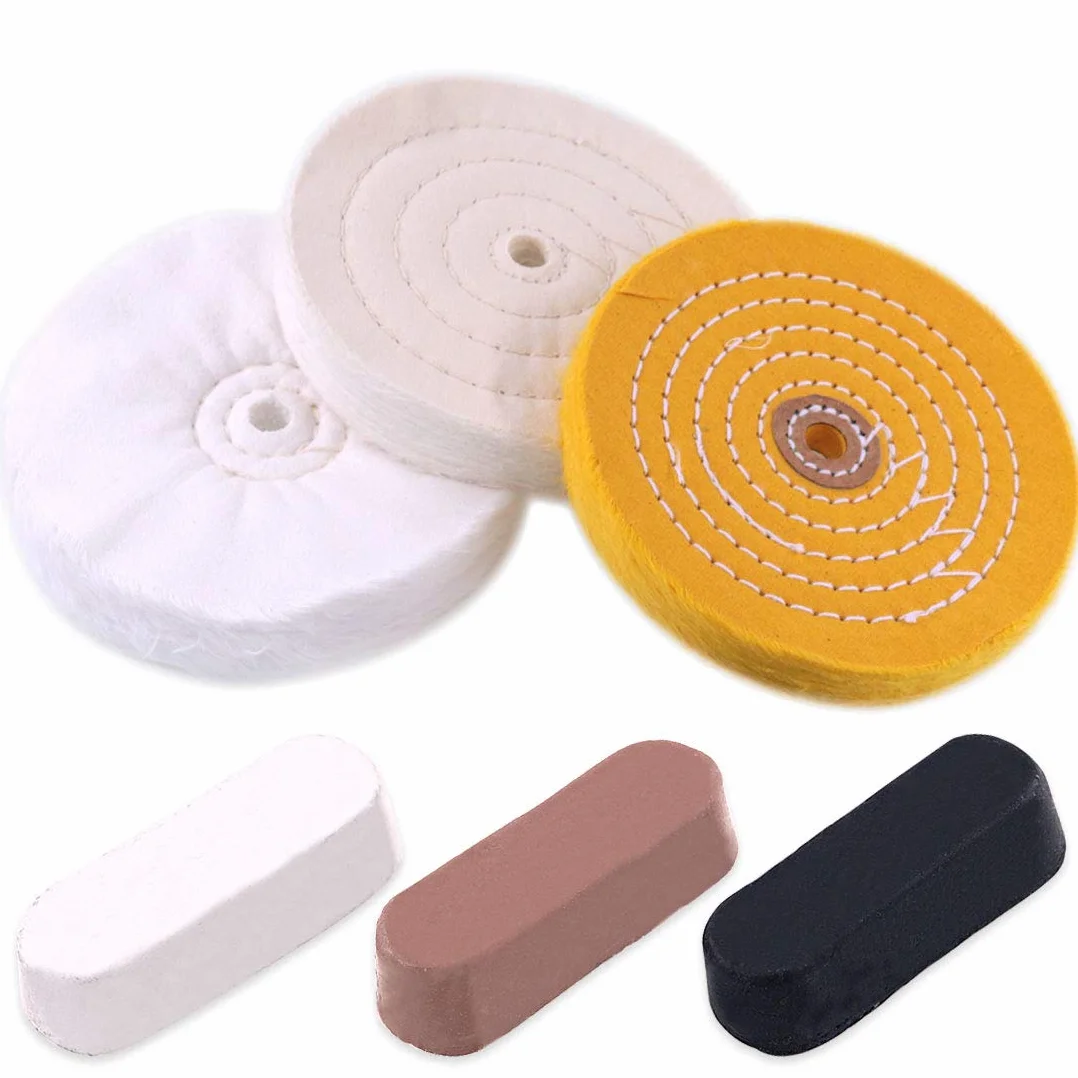 6 piezas kit de pulido y pulido incluye surtido de 6 pulgadas con 1/2 pulgadas de arbor agujero rueda de pulido, negro esmerilado, marrón Tripoli, diamante blanco para banco, molinillo