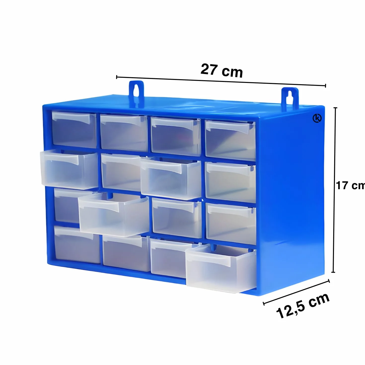 KROWN - Clasificador Modular de Pared Apilable, 27 x 17 x 12,5 cm, 16 Cajones, Almacenamiento de Pequeñas Herramientas, Tornillos, Marco de Polipropileno, Cajones Transparentes (Azul)