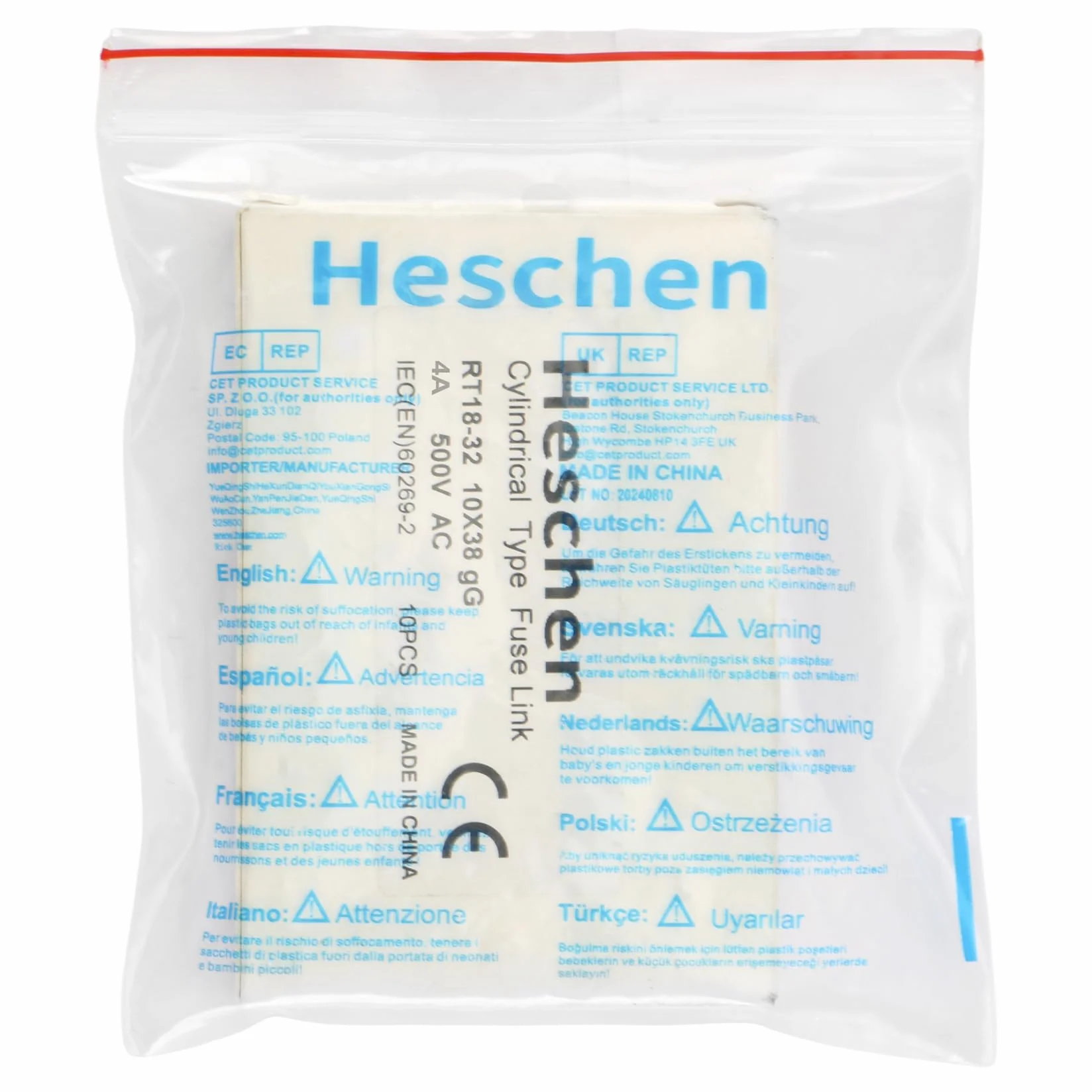 Heschen RT18-32 (RO15) Tubo cilíndrico de cerámica de enlace de fusible, 10x38 mm, 4A 500V, Pack de 10