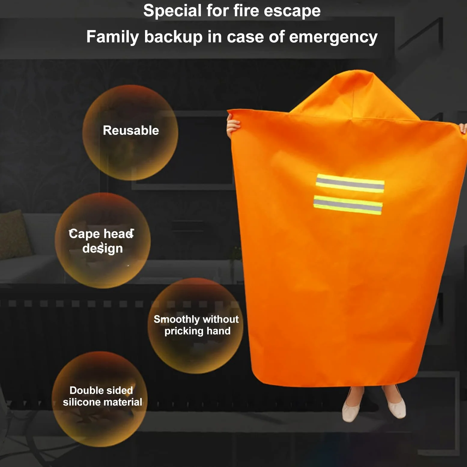 Manta Contra Incendios para la Cocina Del Hogar, Manta Ignífuga Resistente Al Calor Hasta 800 ℃ con Capucha y Tiras Luminosas, Manta de Supervivencia de Emergencia Certificada
