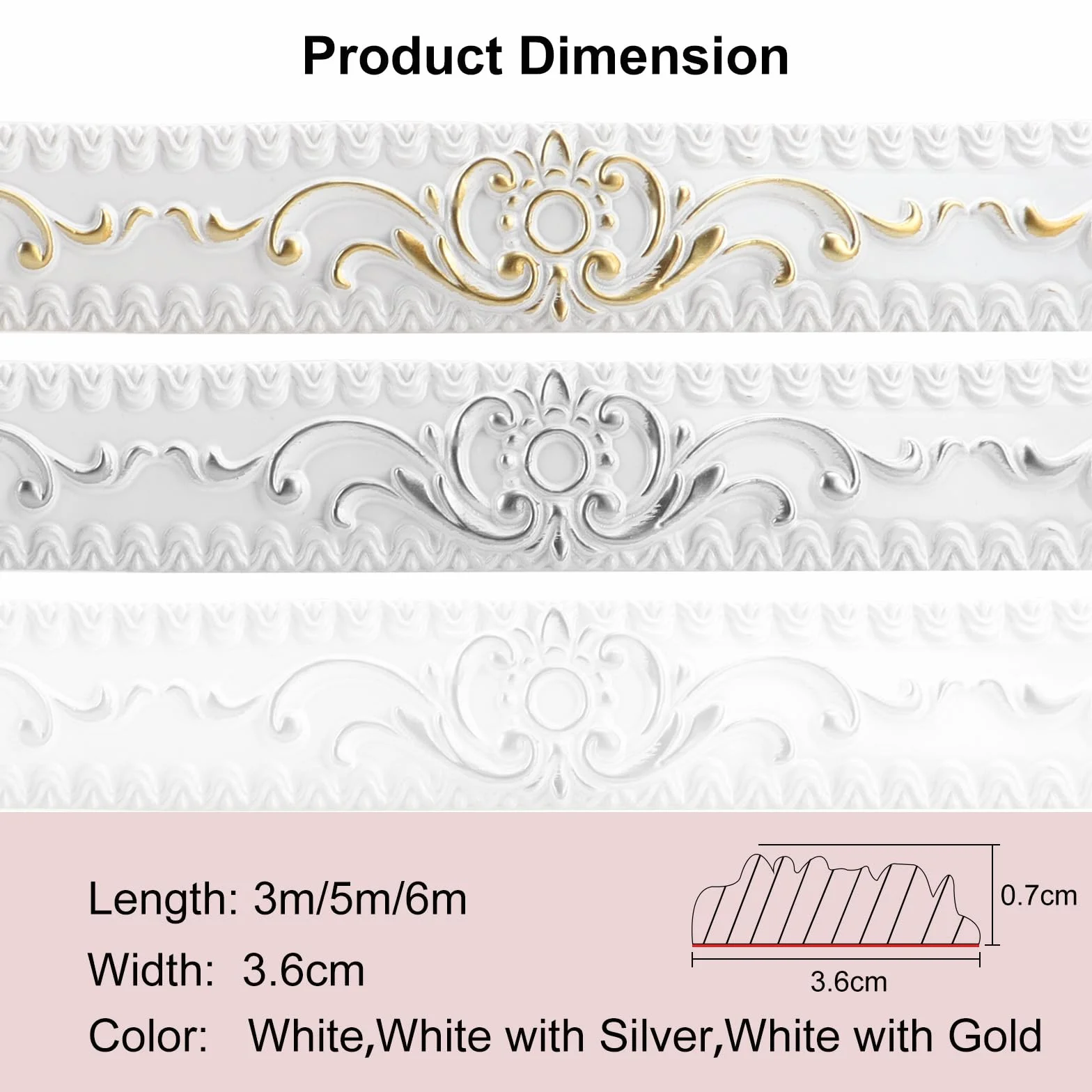 600cm*3.6cm 3D Molduras Decorativas para Pared, Autoadhesiva para Pared para Bordes de Espejos, Muebles, Marcos de Puertas, Techos, Decoración Del Hogar(Blanco con Oro)