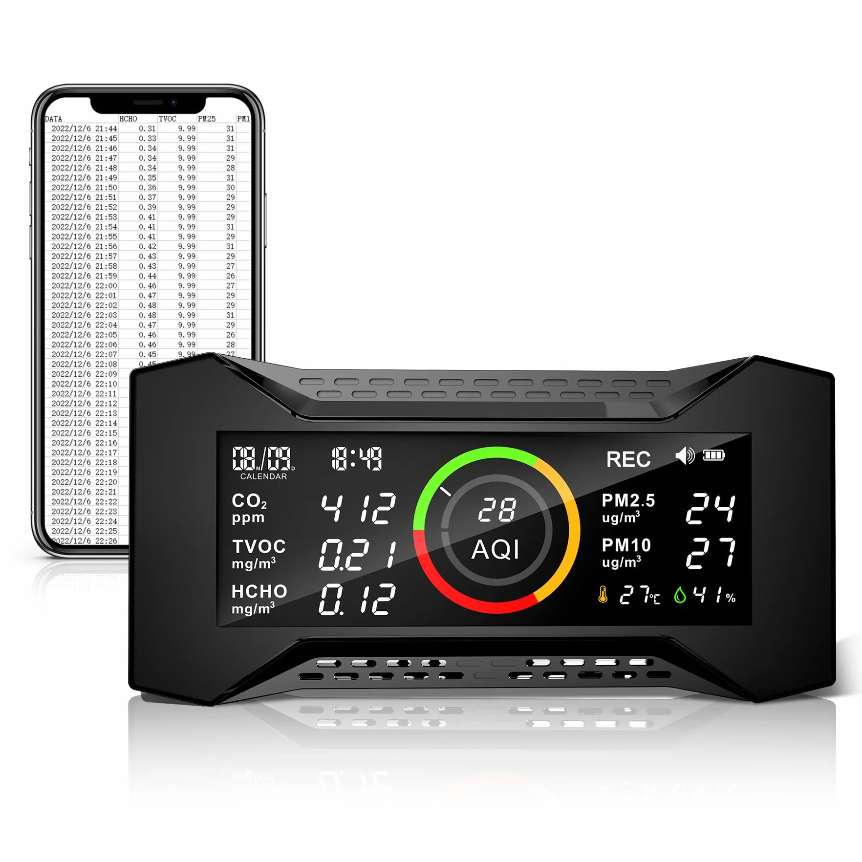 CF-20 DL Monitor de Calidad del Aire Interior con Informe de Datos para CO2 TVOC PM2.5 PM10 AQI HCHO Temperatura Humedad, Monitor de contaminación del Aire con Alarma de Audio