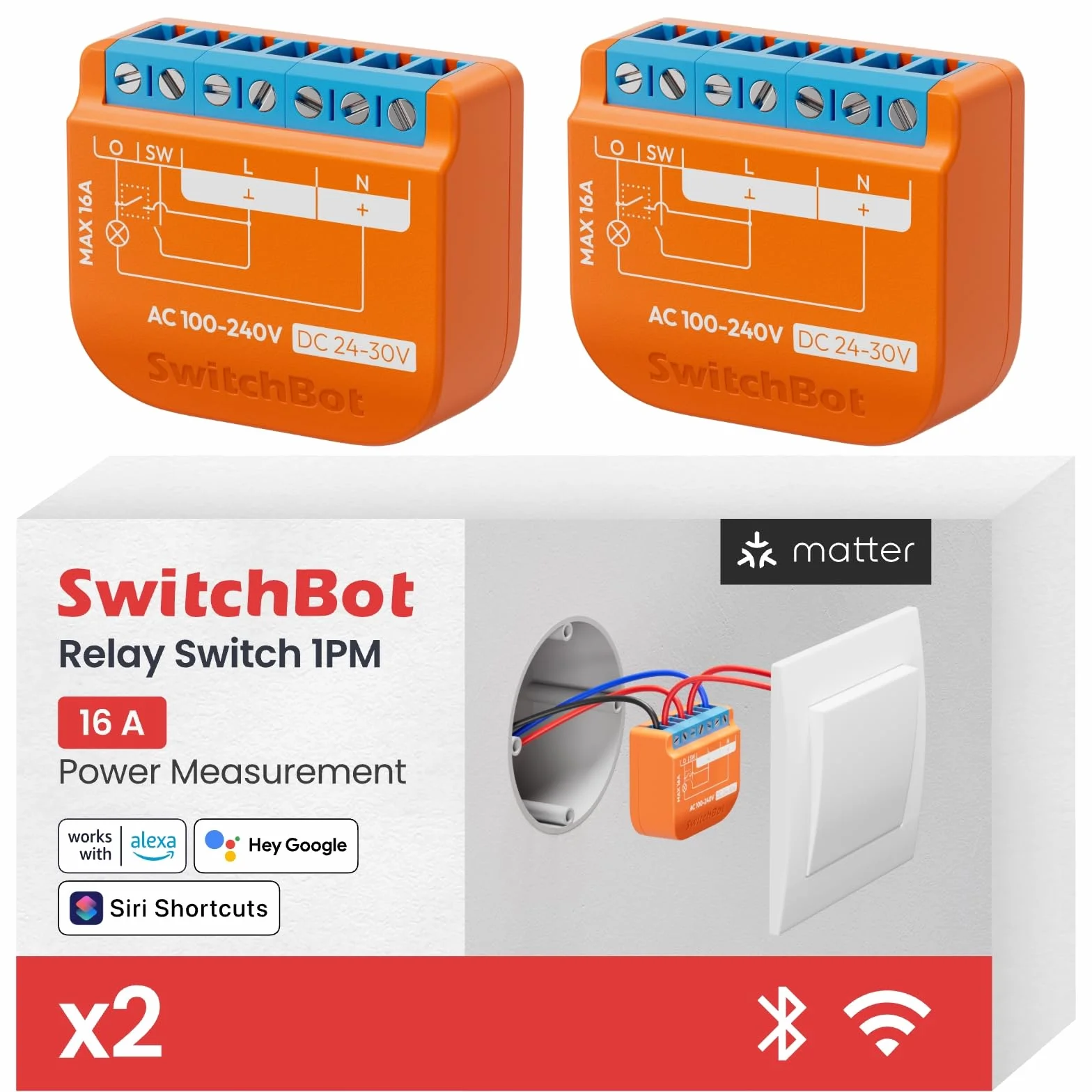 SwitchBot Matter Interruptor de Relé 1PM, módulo de relé inteligente con medición de energía, interruptor Wi-Fi y Bluetooth compatible con Alexa/Apple HomeKit/Google Home, 2.4GHz, 16A 2 unidades