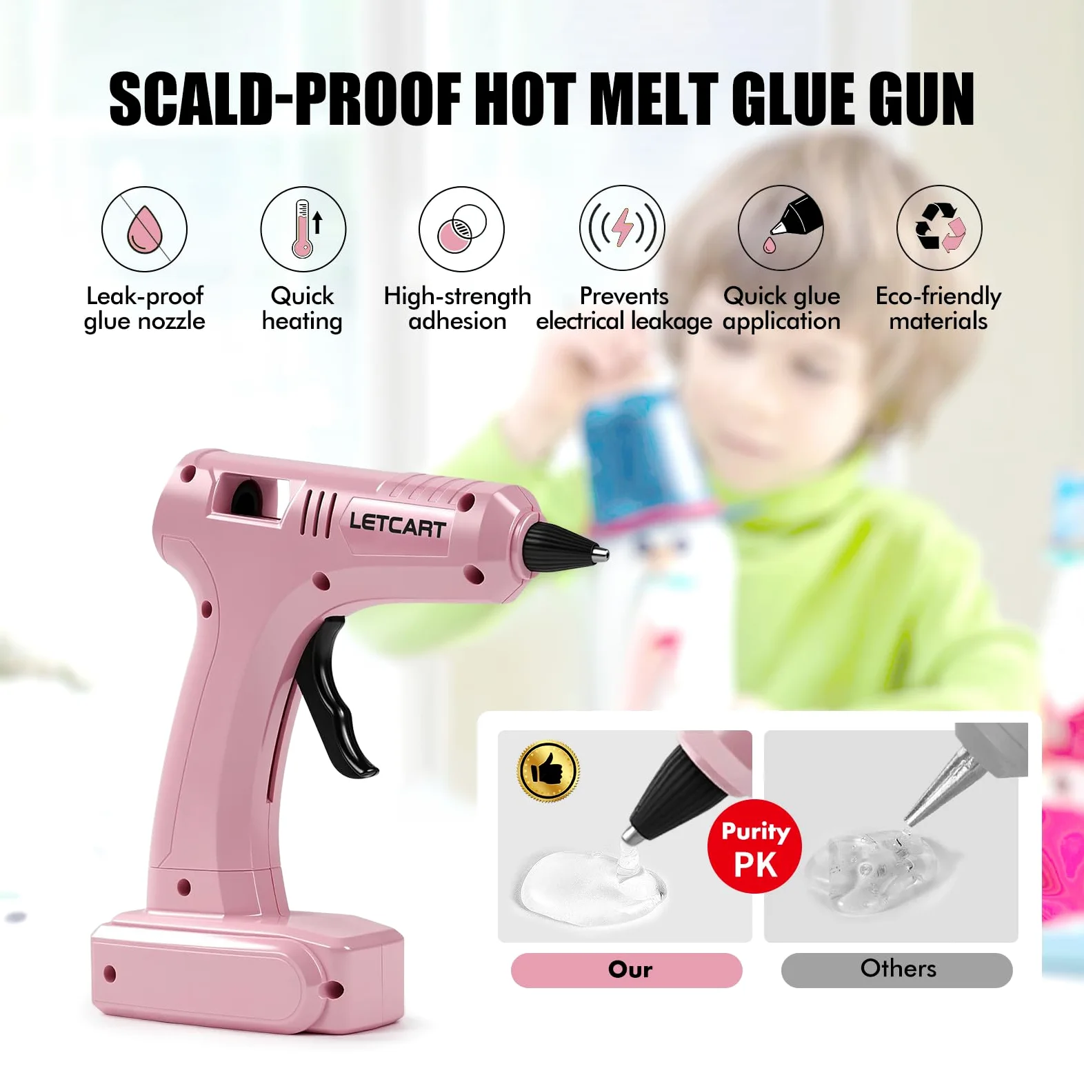 40W Pistola Silicona Caliente, Pistola de Pegamento con 30pcs Barras 7mm*140mm, Mini Pistola Silicona Manualidades Para Reparaciones Industriales y Decoración Festiva (Rosa)