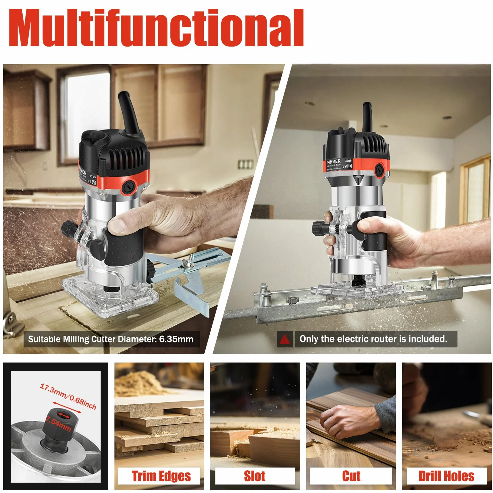 Fresadora de cantos, fresadora manual eléctrica de 800W, 30000 rpm, con carcasa de aluminio para trabajar la madera