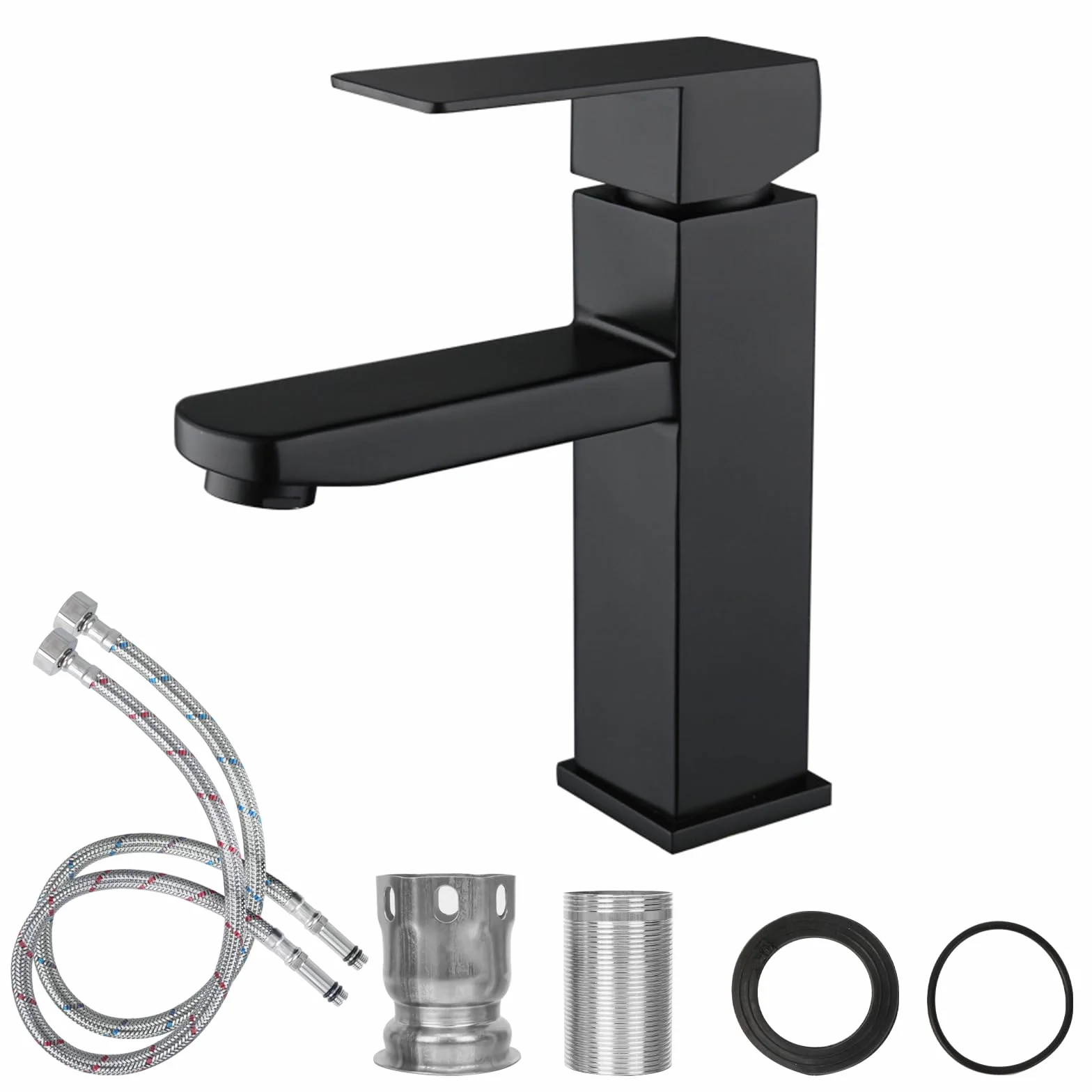 Grifo de Baño 180mm Negro Mate Acero Inoxidable Monomando Agua Fría y Caliente Con Mangueras Para Tocadores y Lavabos