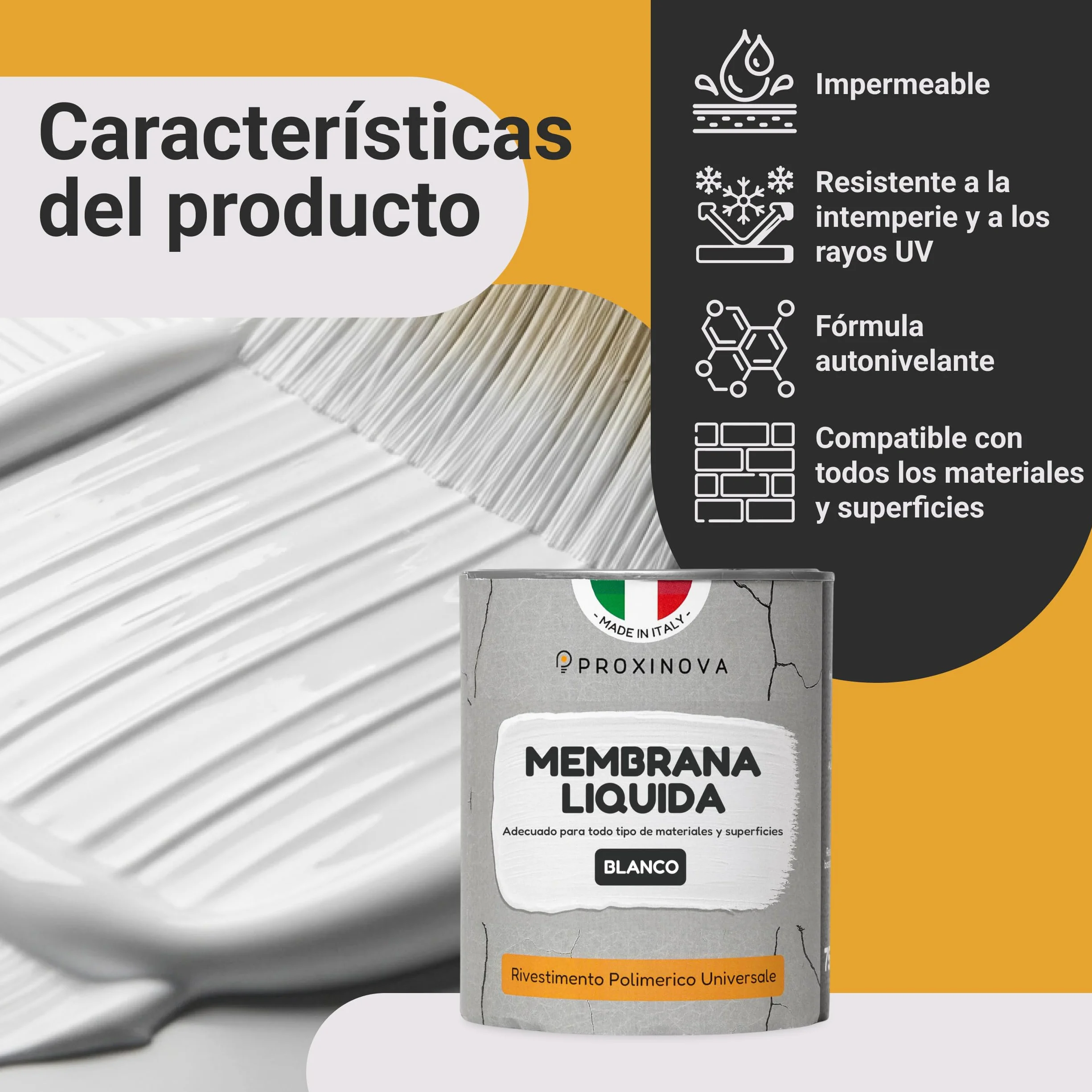 Pintura líquida Impermeabilizante Blanca 750 ml PROXINOVA - Para Terrazas, Muros y Techos, Membrana Líquida Impermeabilizante Antihumedad, de Alta Resistencia, Revestimiento Impermeable Duradero