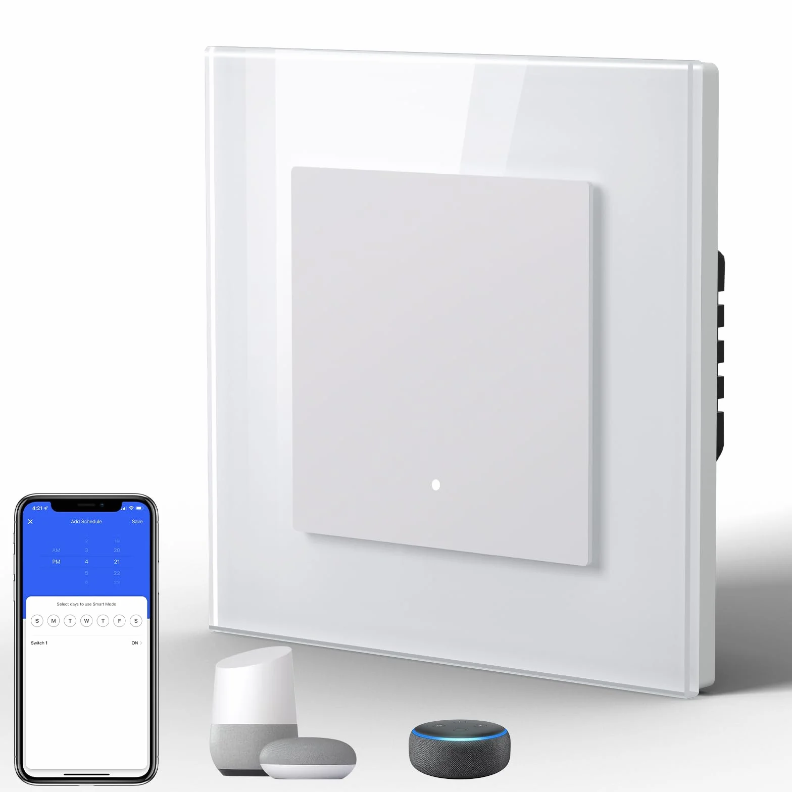 BSEED Interruptor Inteligente WIFI con Vidrio,Basculante Con Pilotitos LED,Requiere Cable Neutro,E-Series,1 Gang 1 Vía,86mm Blanco