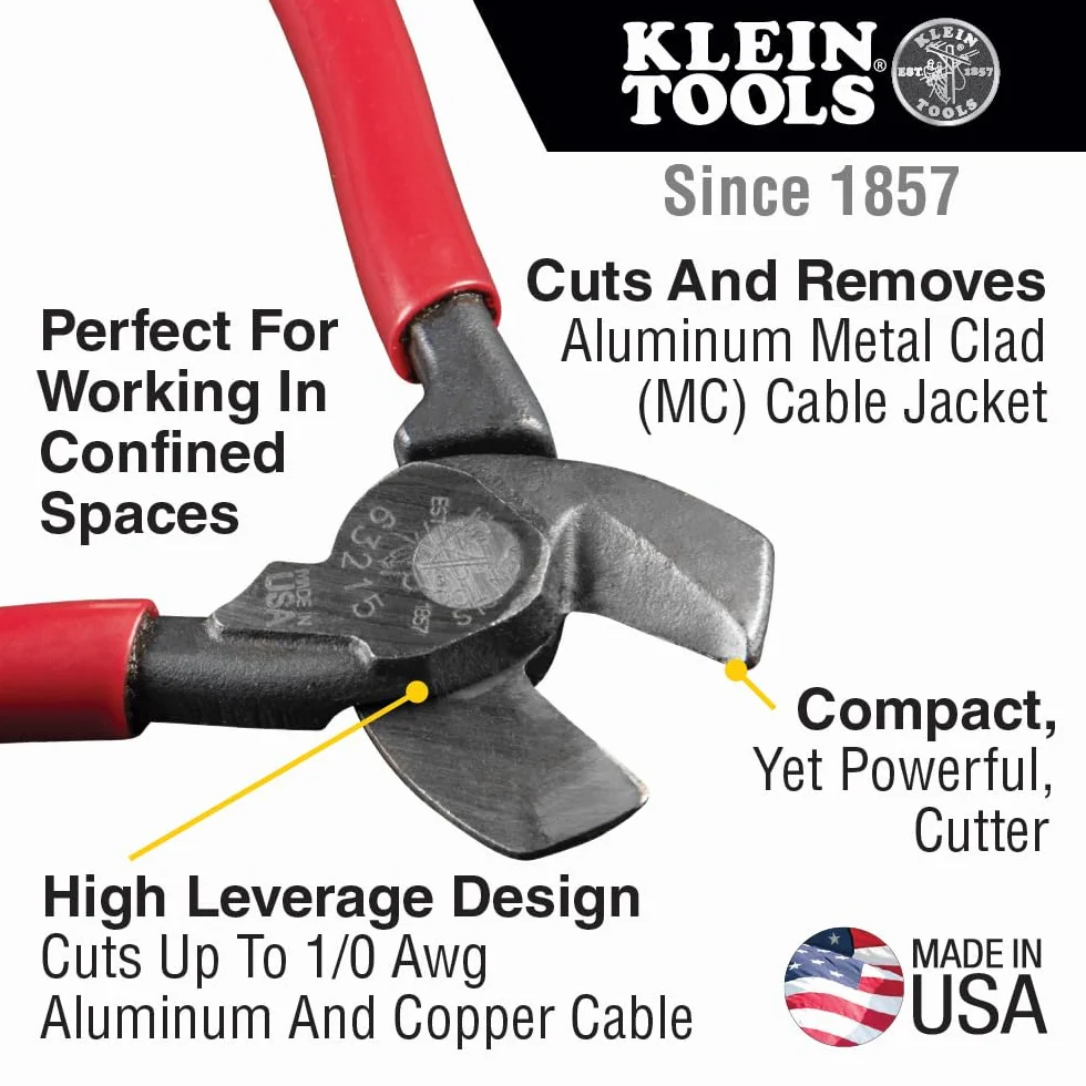 Klein Tools 63215 - Cortacables, fabricado en Estados Unidos, compacto, alto apalancamiento, forjado de acero fabricado en Estados Unidos, ideal para cortar cables de aluminio y cobre